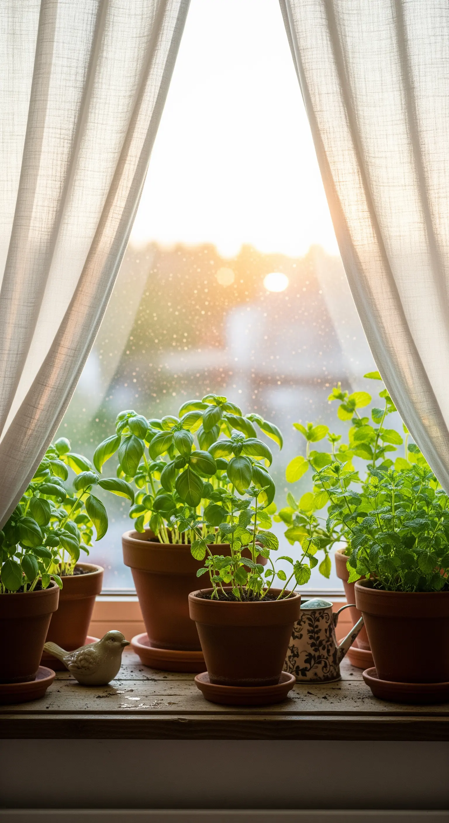 Fensterbank mit Kräutertöpfen in Terrakotta und Sonnenlicht durch transparente Vorhänge.