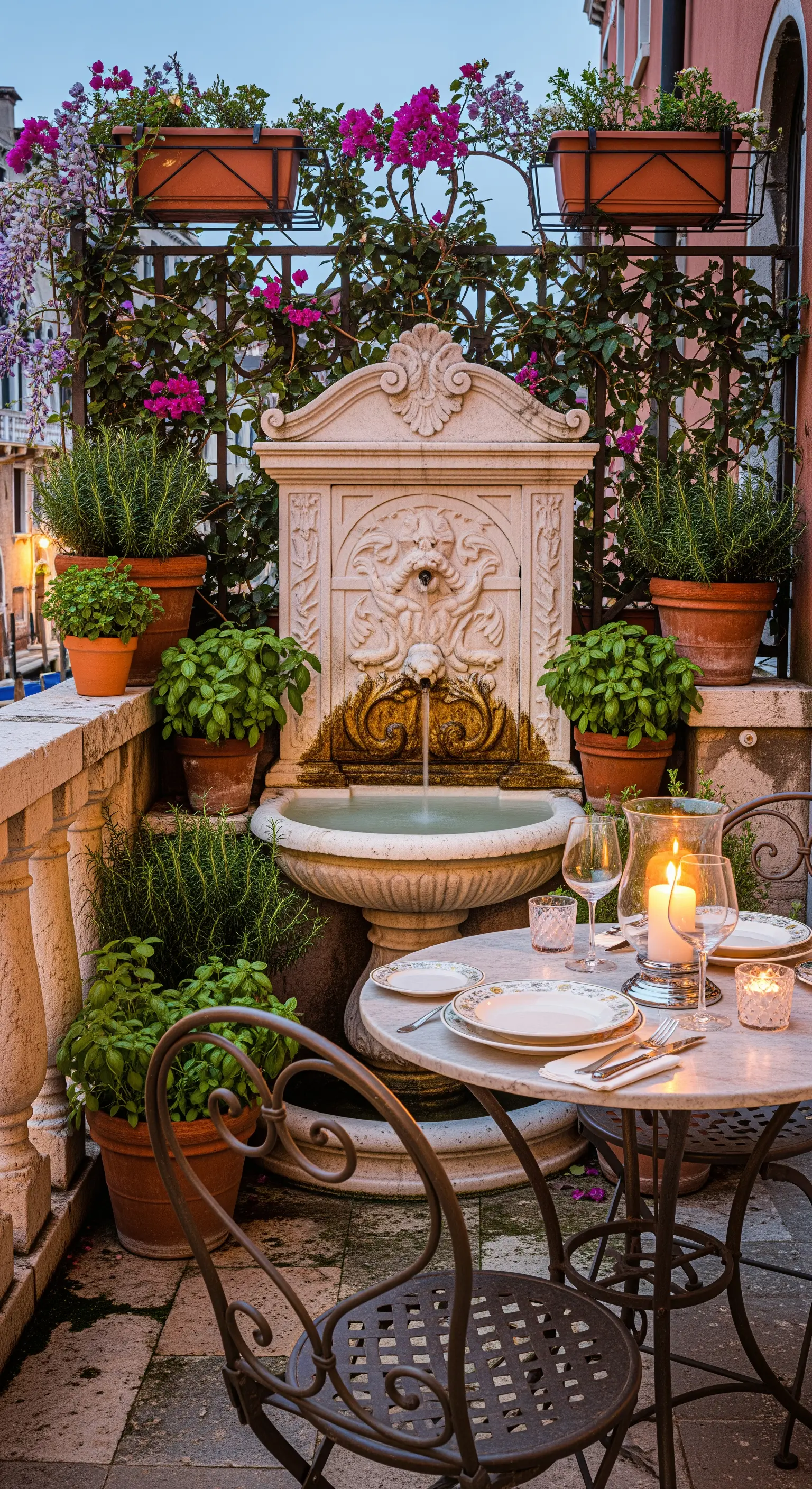 Balkon mit Wandbrunnen, Kräutern in Terrakotta, kleiner Marmortisch mit Kerze