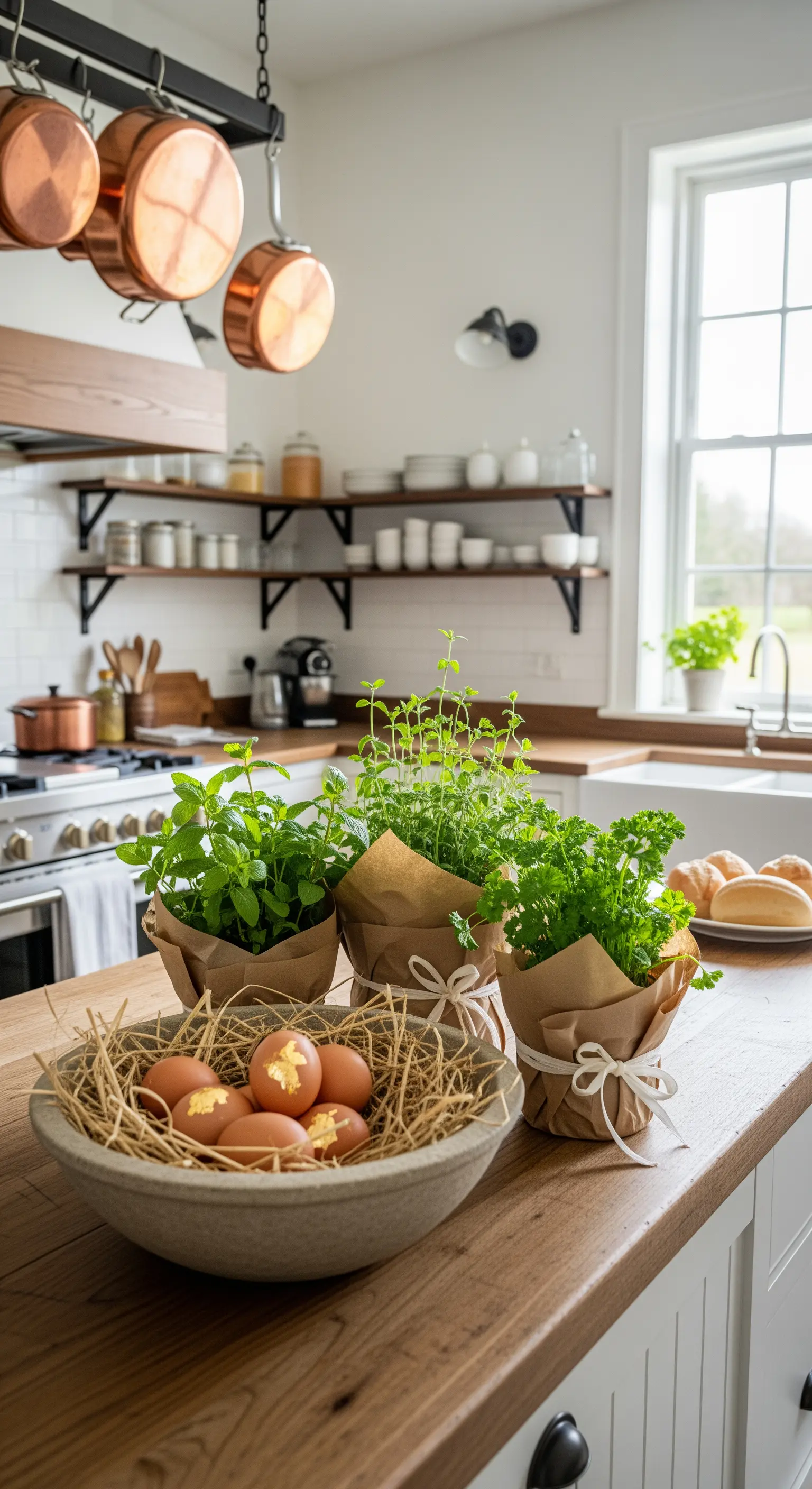 Küchenzeile mit frischen Kräutertöpfen, in Kraftpapier gewickelt, und einer Schale Ostereiern
