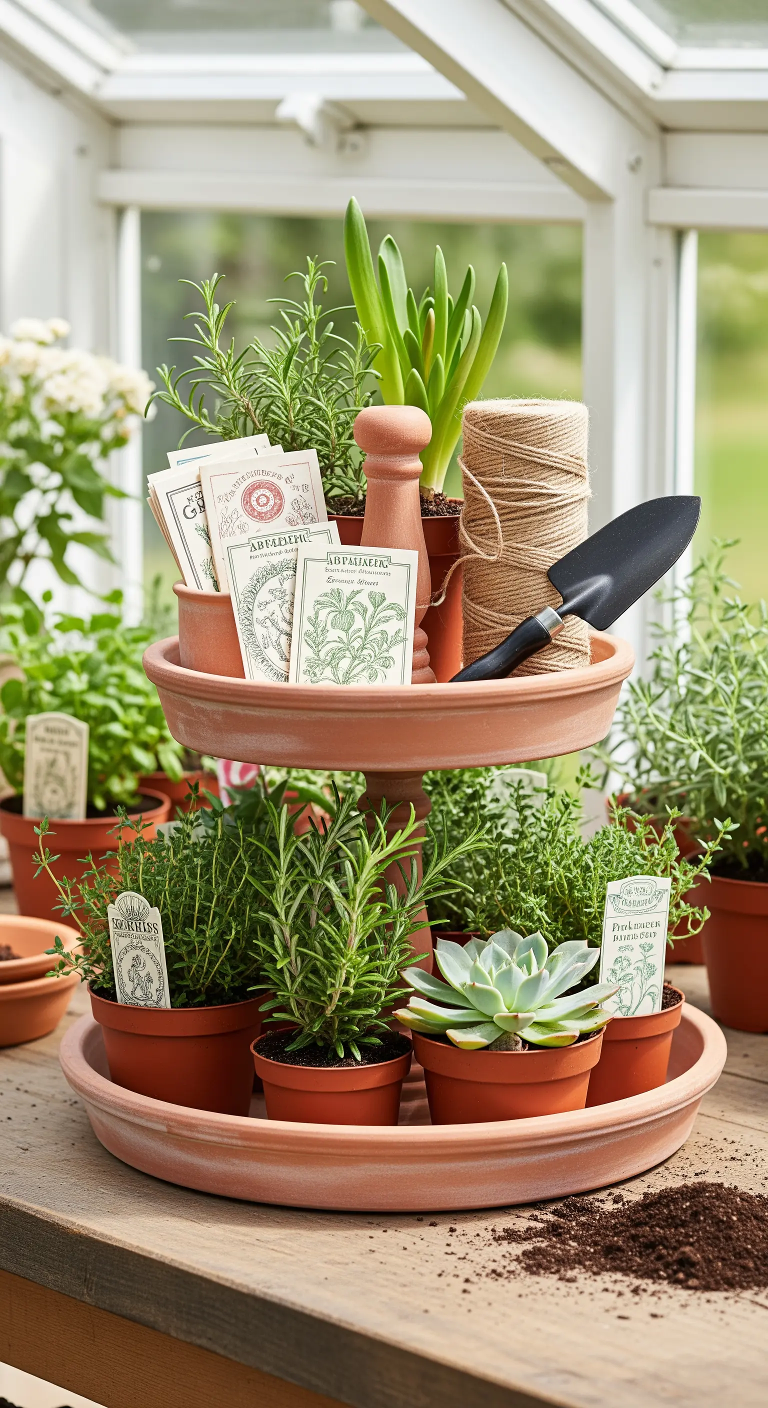 Terrakotta-Etagere bestückt mit verschiedenen Kräutertöpfen und Gartenzubehör.