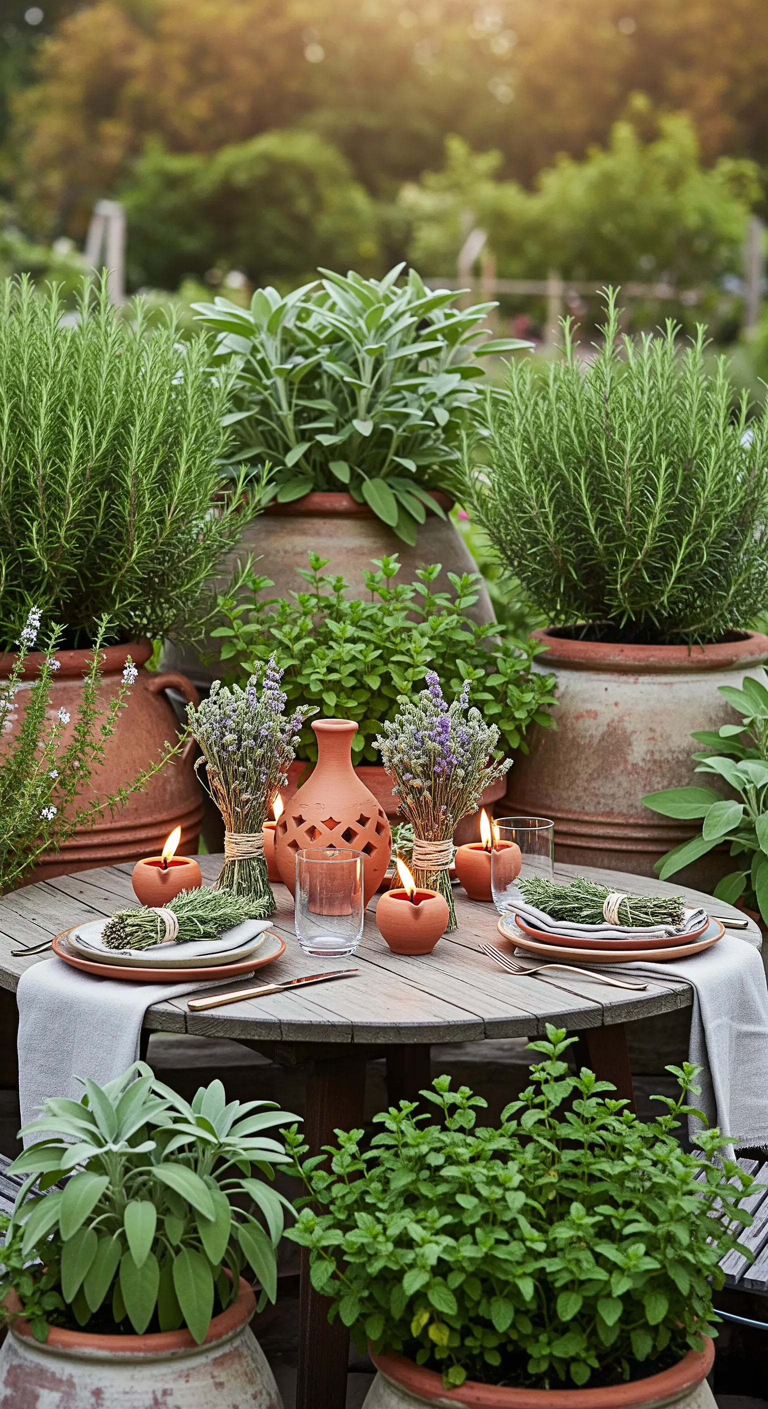 Tisch in einem Kräutergarten mit Terrakotta-Töpfen, Lavendel und Kerzen