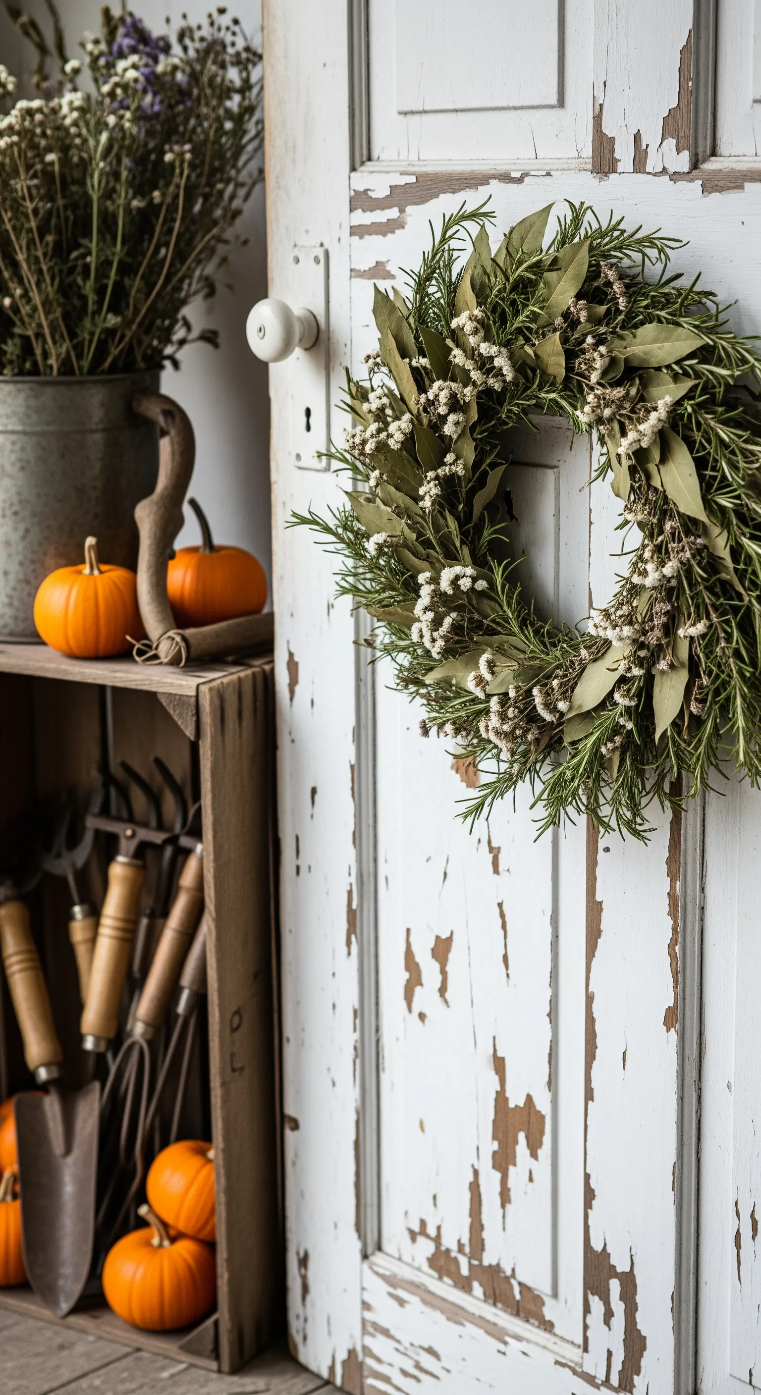 Lorbeer-Rosmarin-Kranz an verwitterter weißer Tür, Holzkiste mit Gartengeräten und Kürbissen