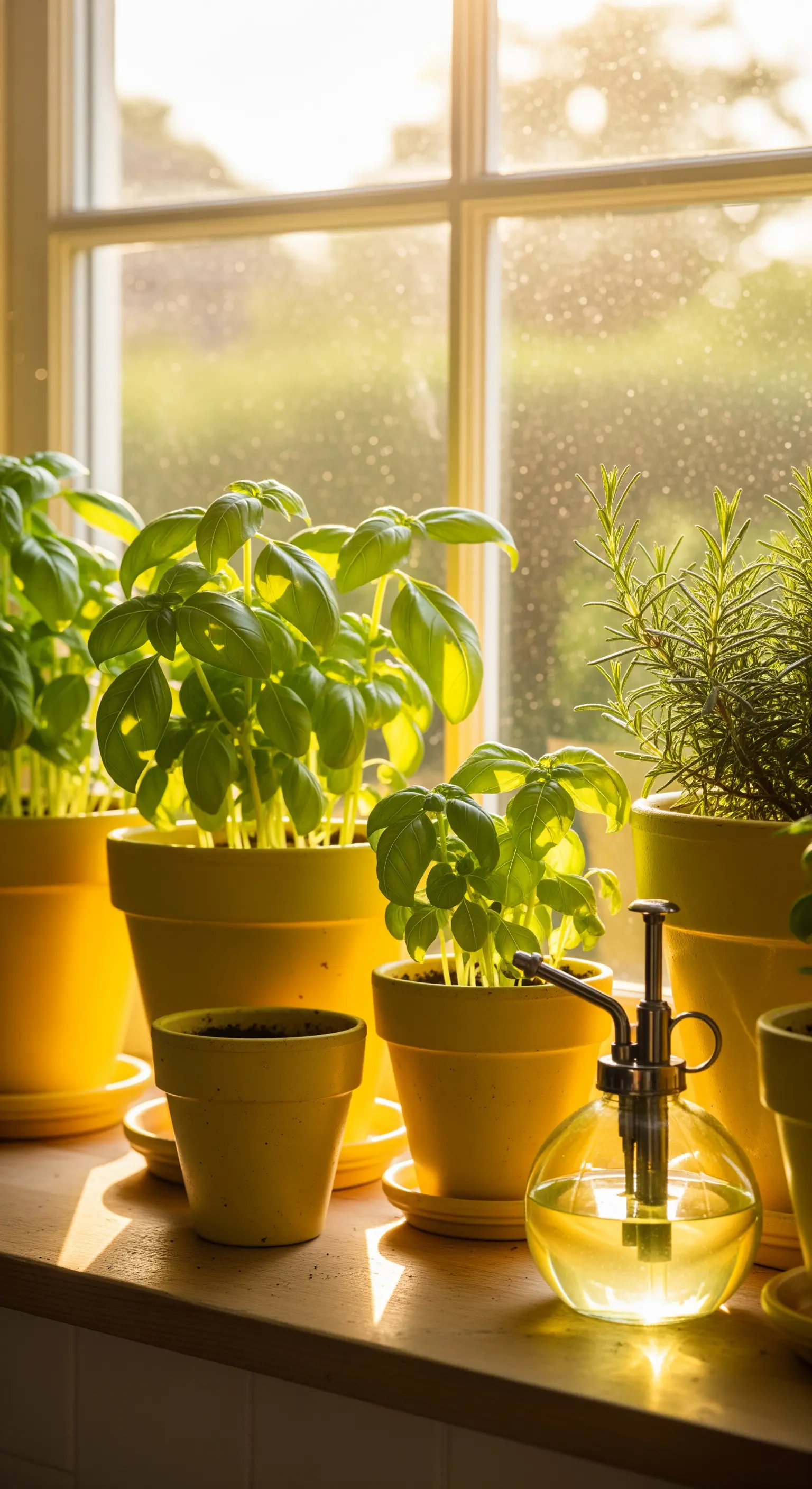 Kräuter in gelben Töpfen auf einer Fensterbank