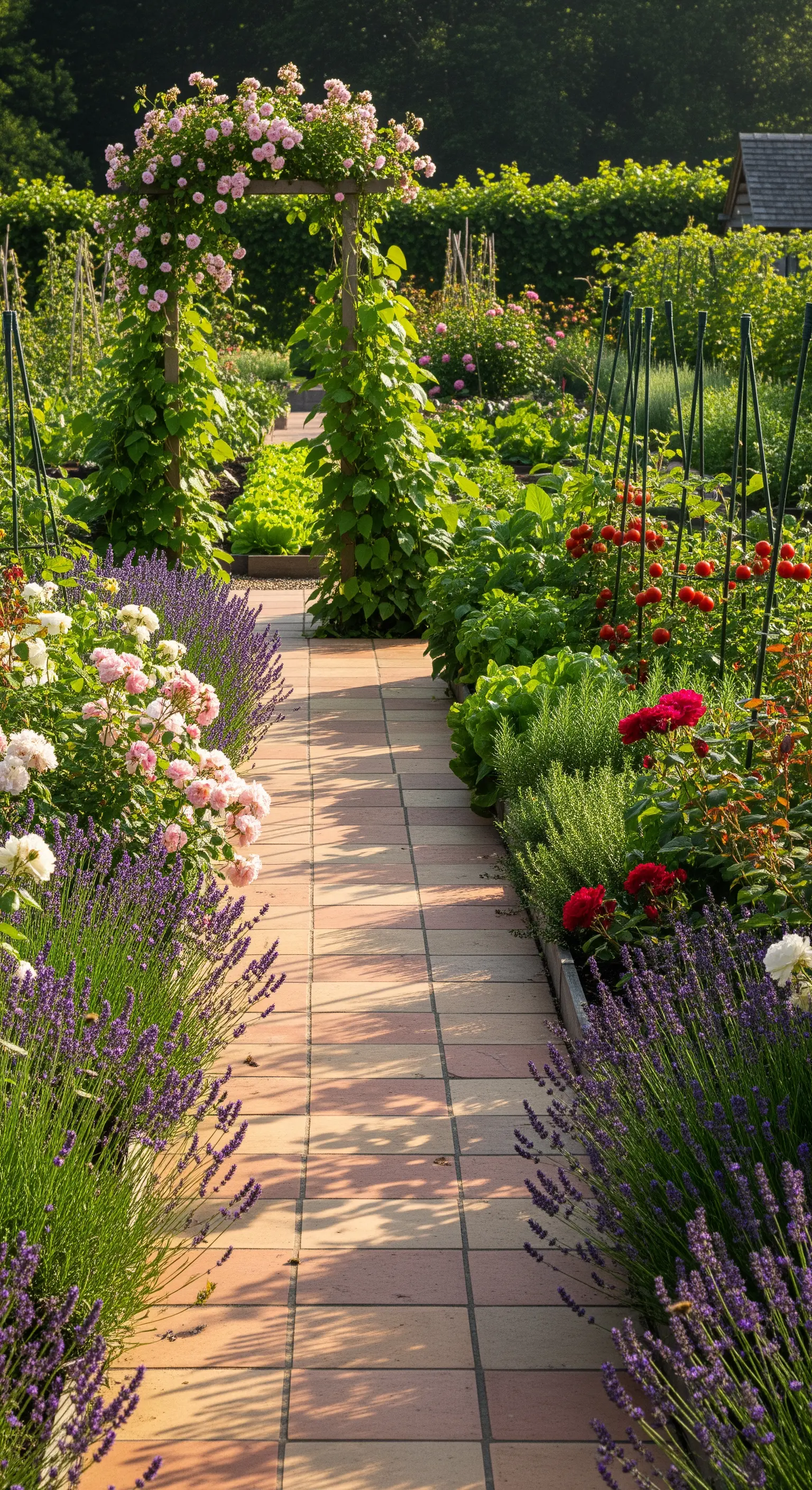 Terrassenfliesenpfad durch Nutzgarten mit Lavendel, Rosen und Gemüse