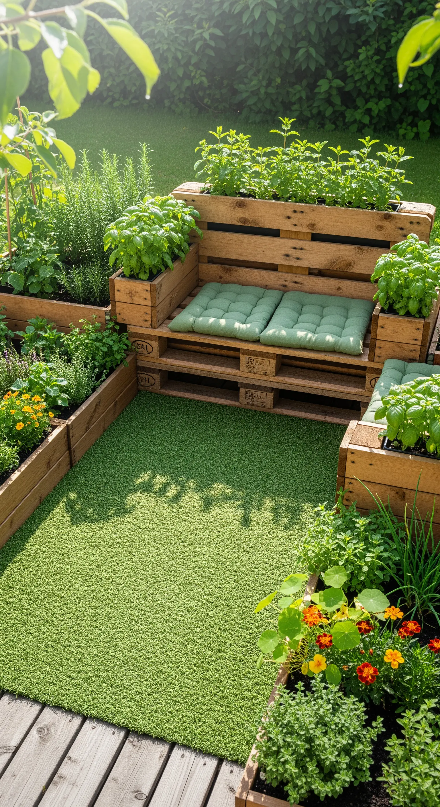 Holz-Palettenbank mit grünen Kissen, integriert in Hochbeete mit Kräutern und grünem Kunstrasen.