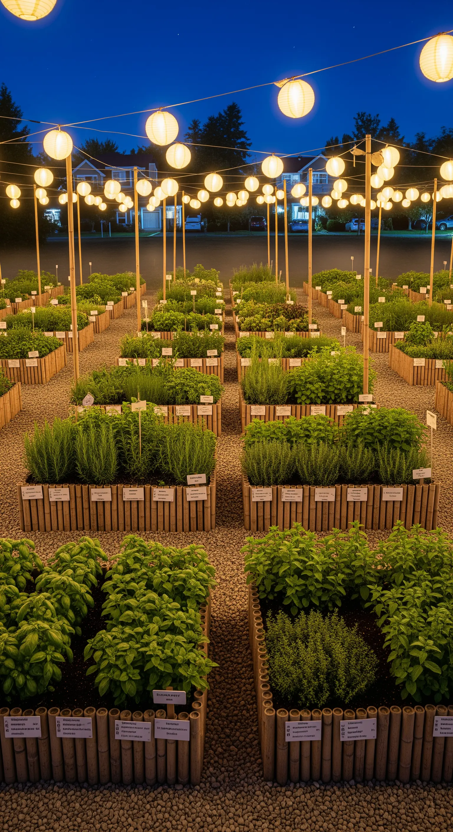 Kräutergarten mit Bambusbeeten und zahlreichen hängenden Papierlaternen bei Nacht