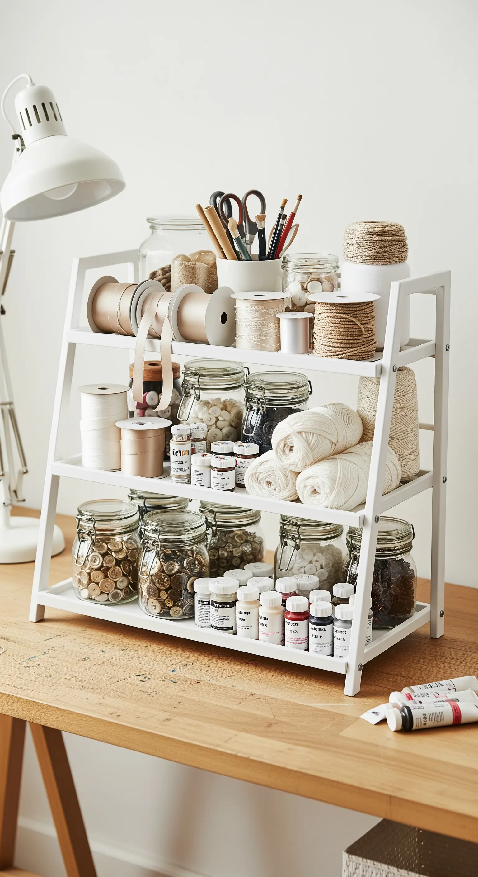 Weißes A-förmiges Regal als Etagere, gefüllt mit Bastelmaterialien wie Garn, Knöpfen und Farben.