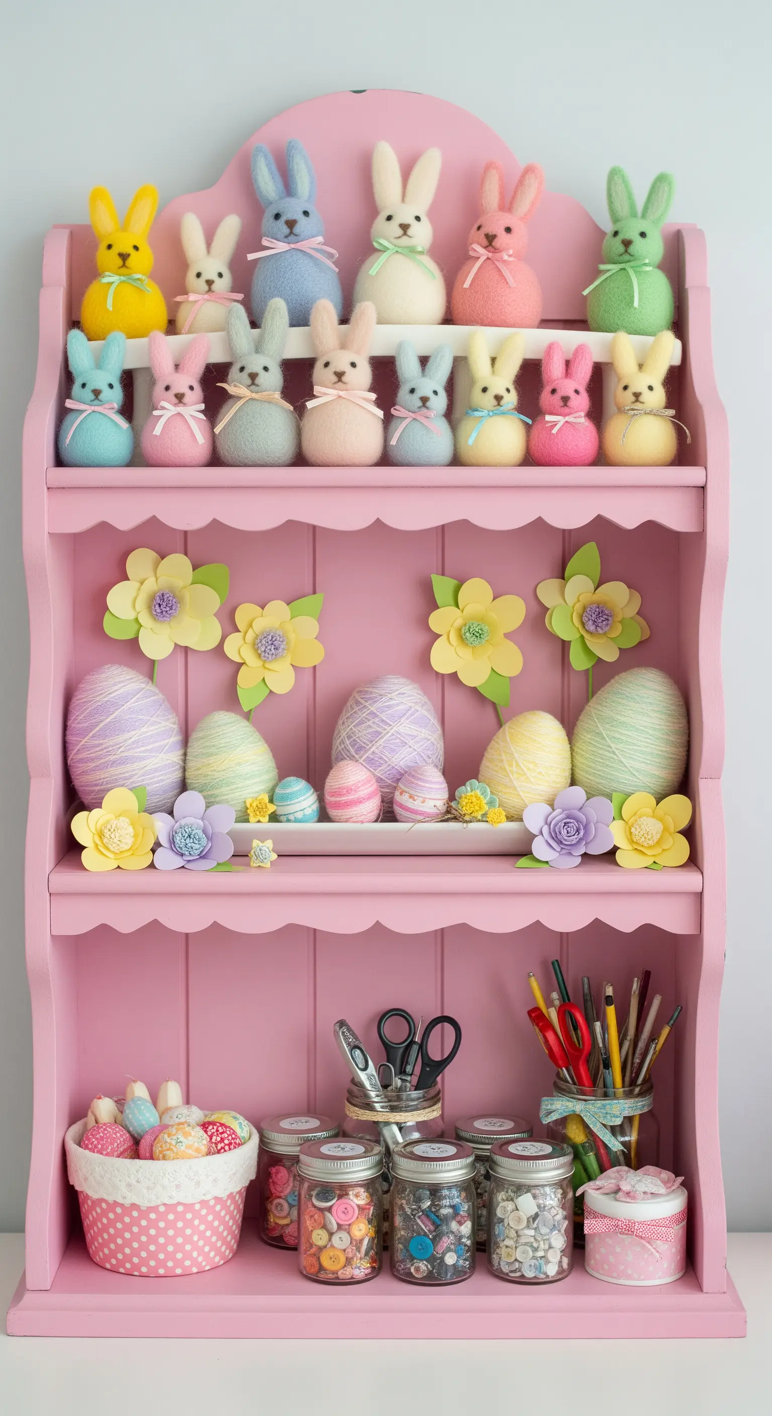 Rosa Regal-Etagere mit pastellfarbenen Oster-Bastelsachen