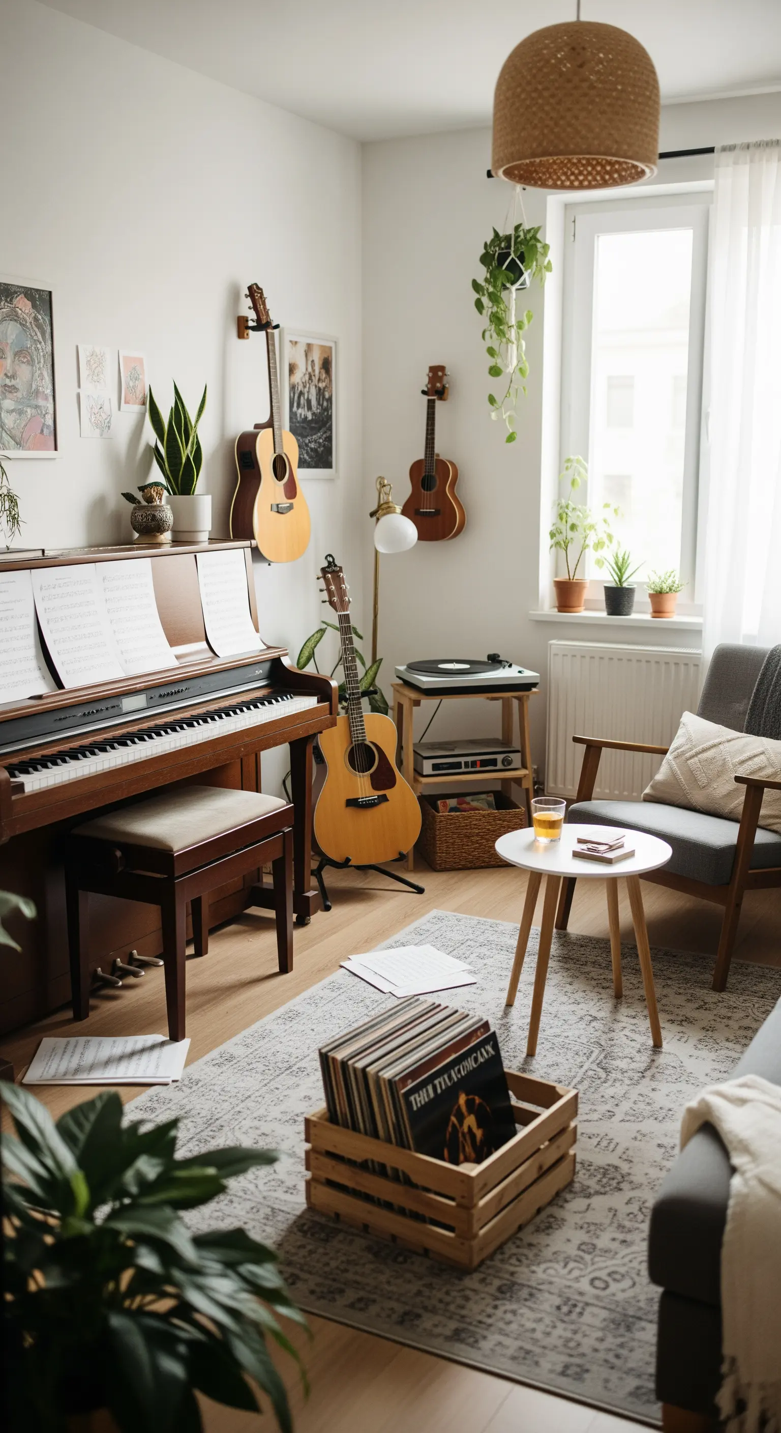 Musikecke mit Klavier, Gitarren an der Wand und einem Plattenspieler