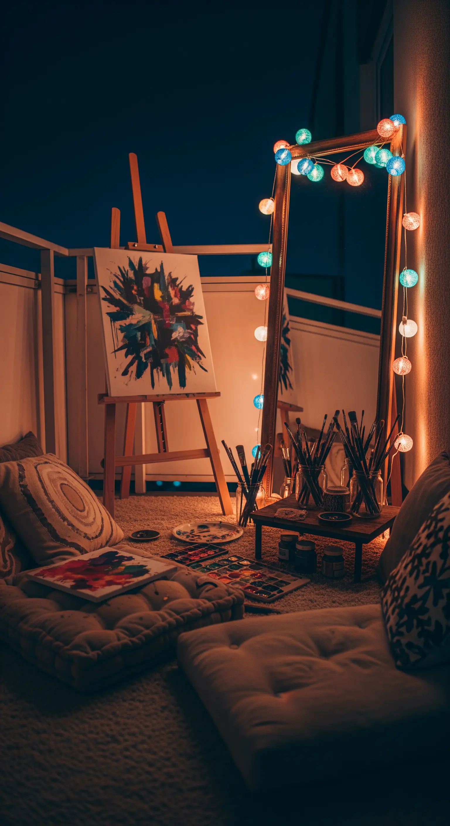 Kreative Ecke auf dem Balkon mit Staffelei, Kissen und einem Spiegel mit bunter Lichterkette