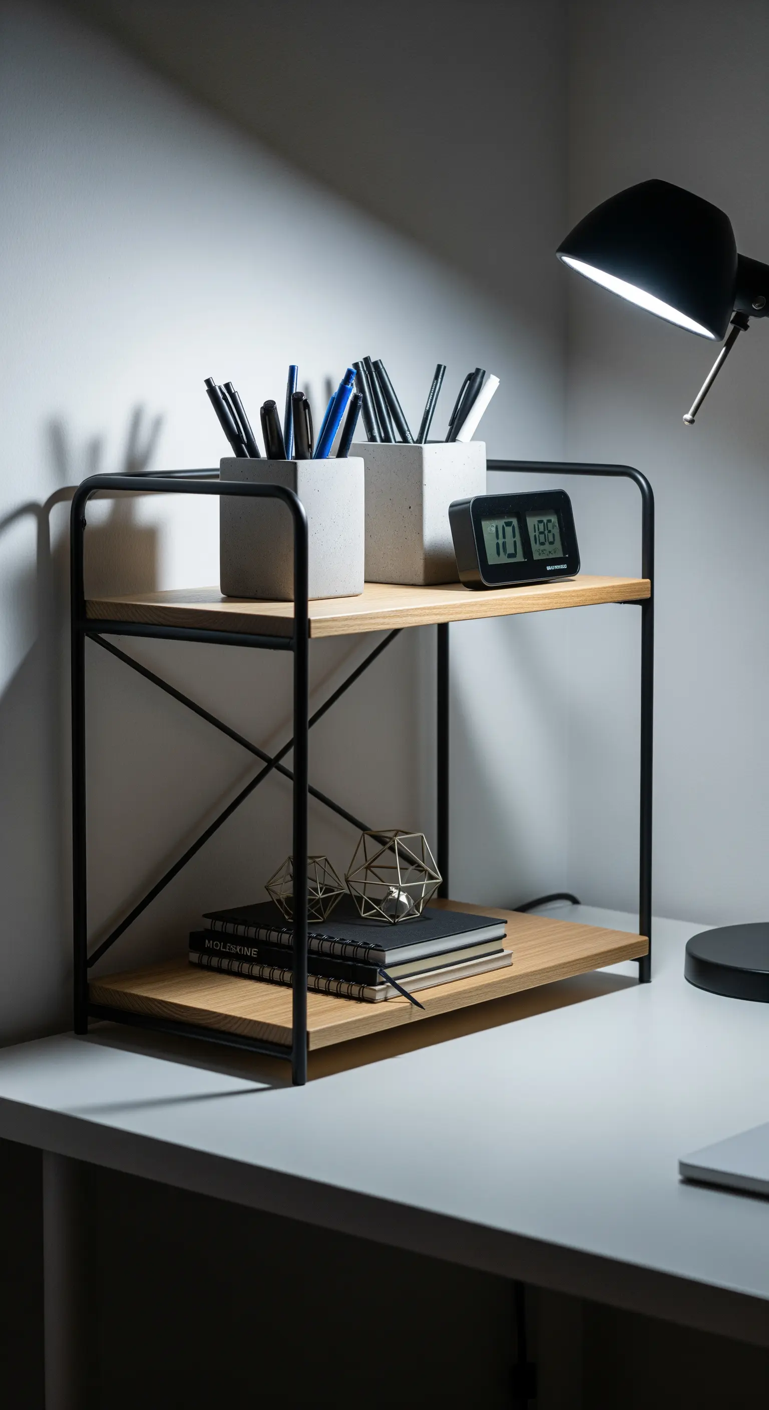 Moderne Schreibtisch-Etagere im Industrial-Stil mit Stiften und Notizbüchern.