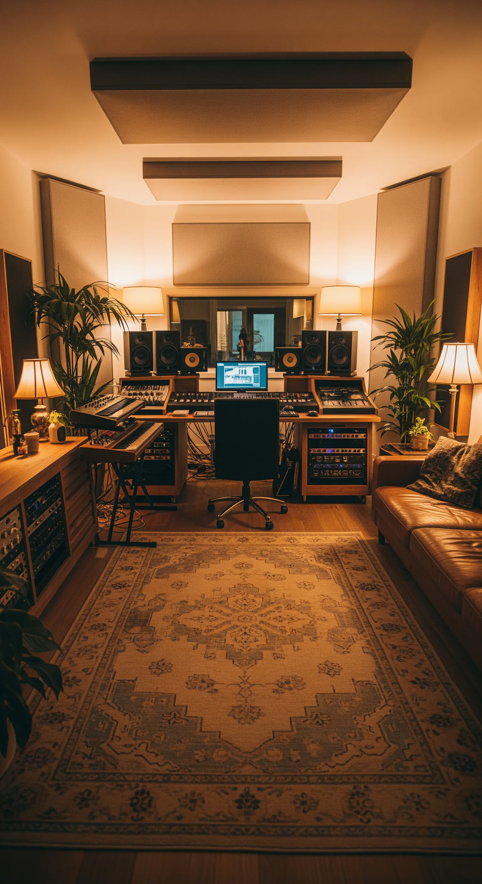 Professionelles Heimstudio mit warmem Licht, Holzverkleidung und gemütlichem Sofa