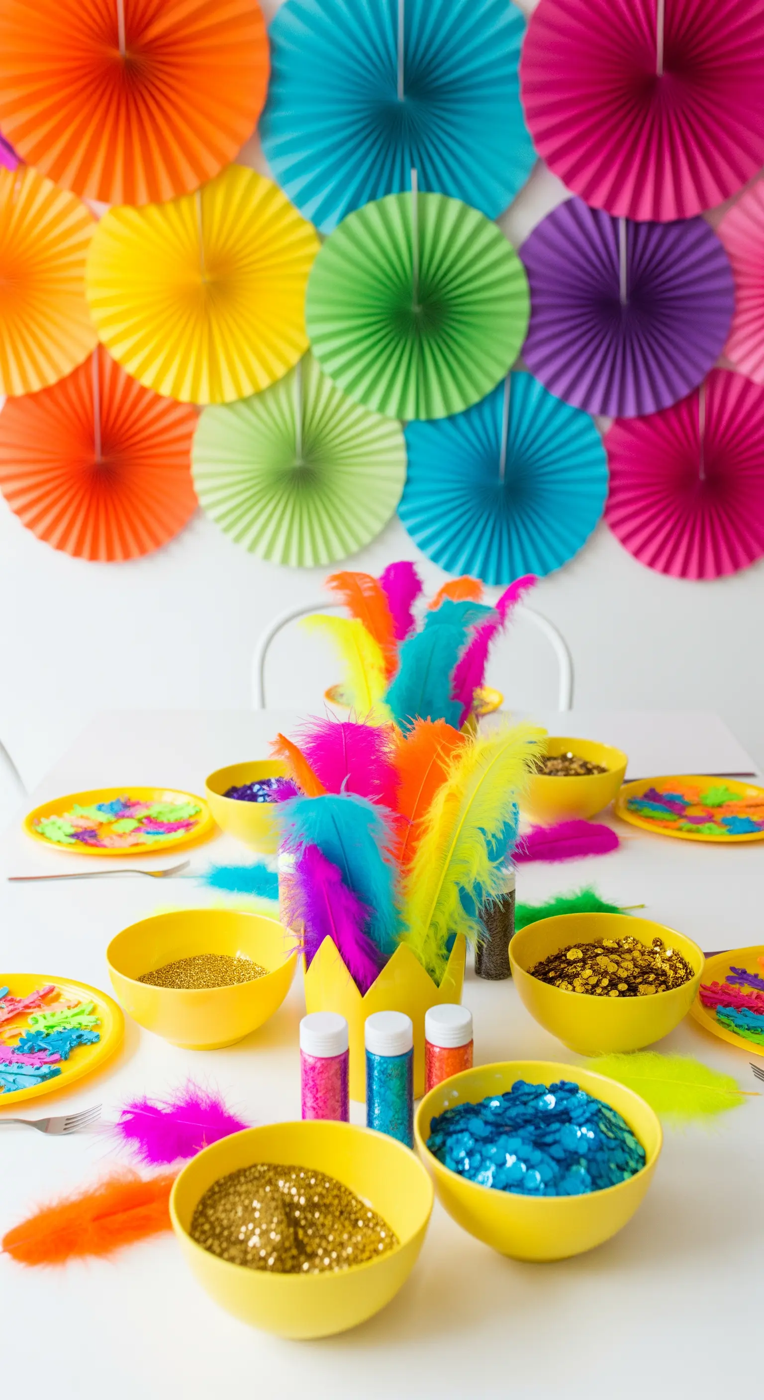 Bunte Bastelmaterialien wie Federn, Glitzer und Pailletten für eine Kinderparty.