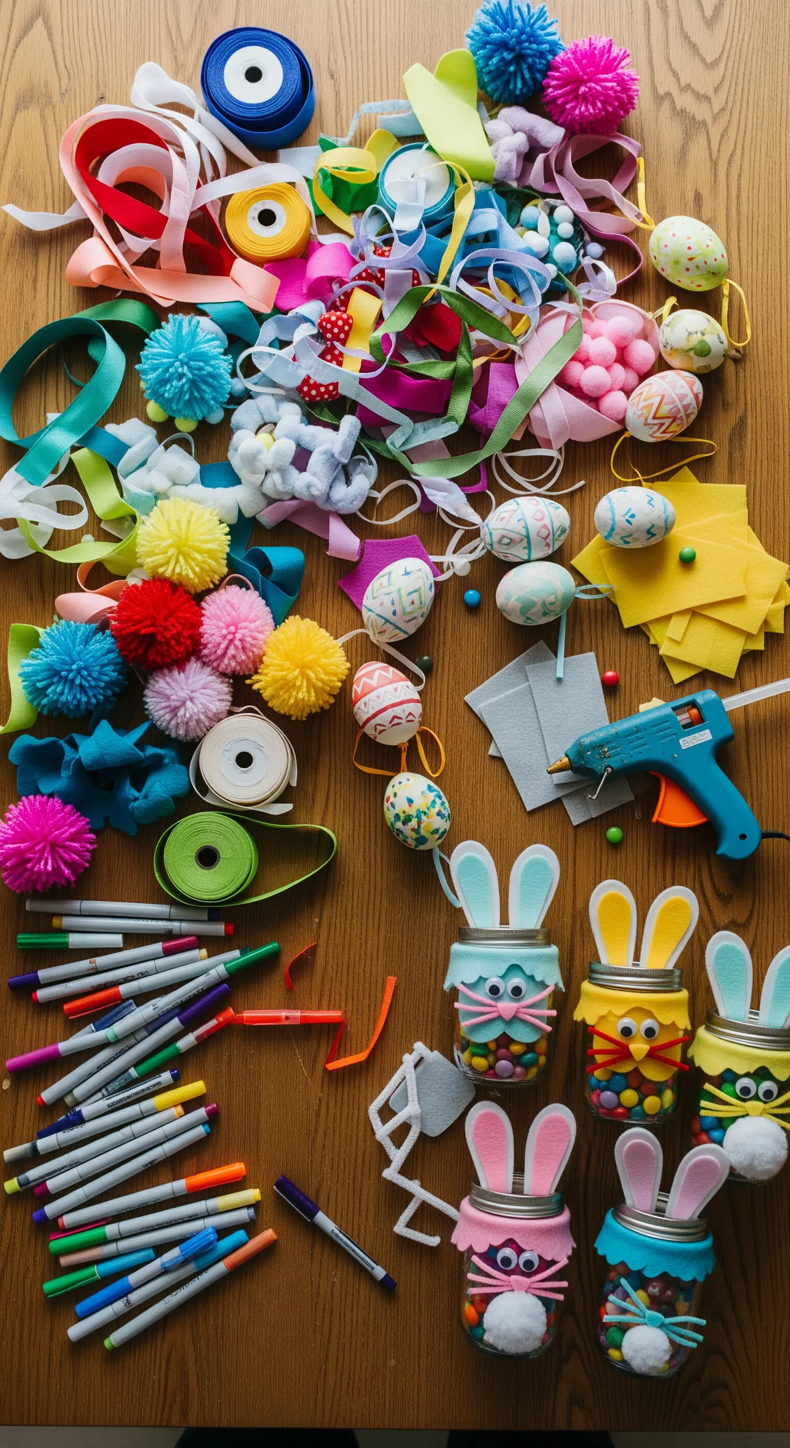 Bastelmaterialien für DIY-Hasengläser mit Süßigkeiten