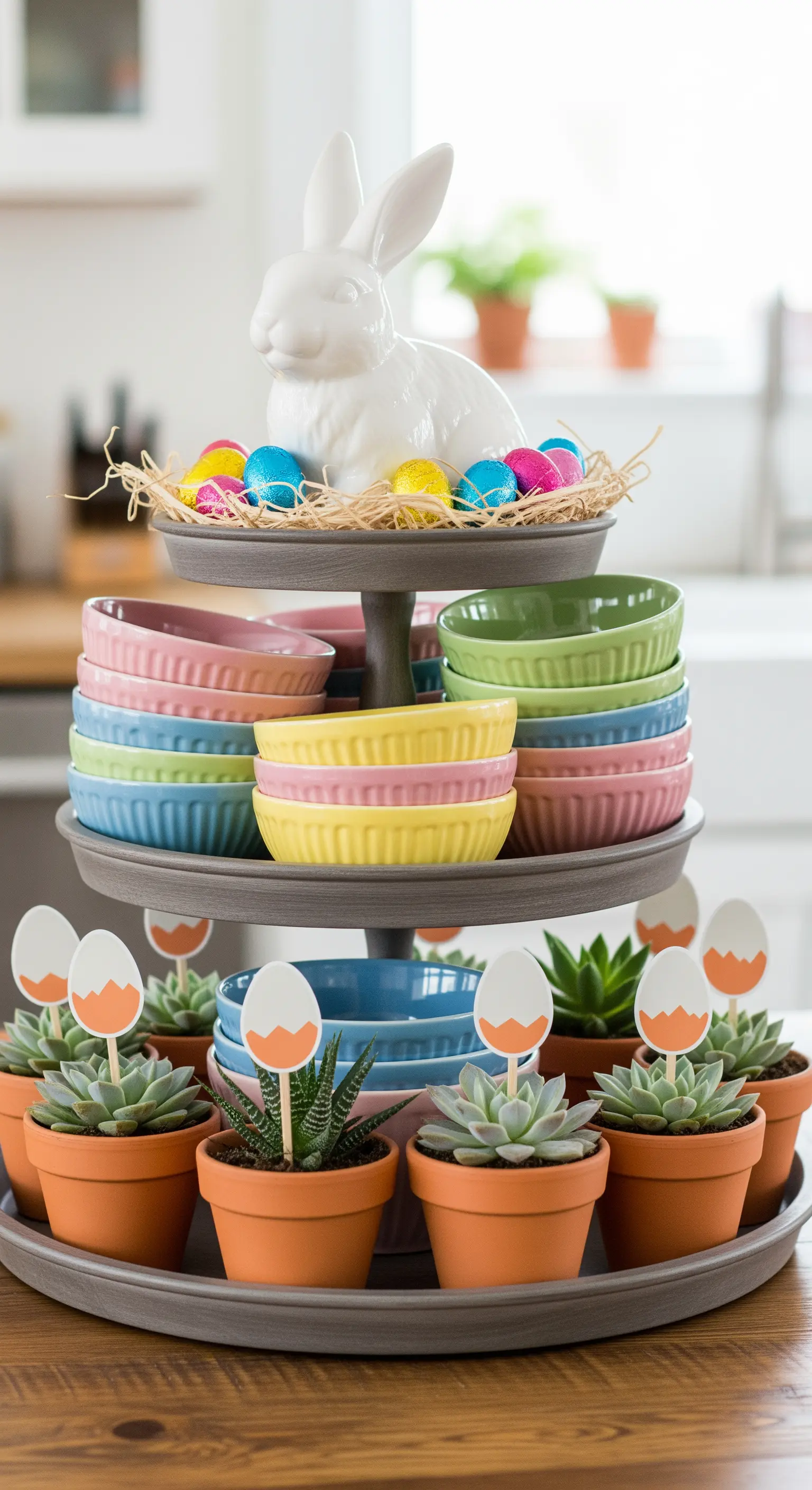 Oster-Etagere mit Hasen, Pastellschalen und Sukkulenten