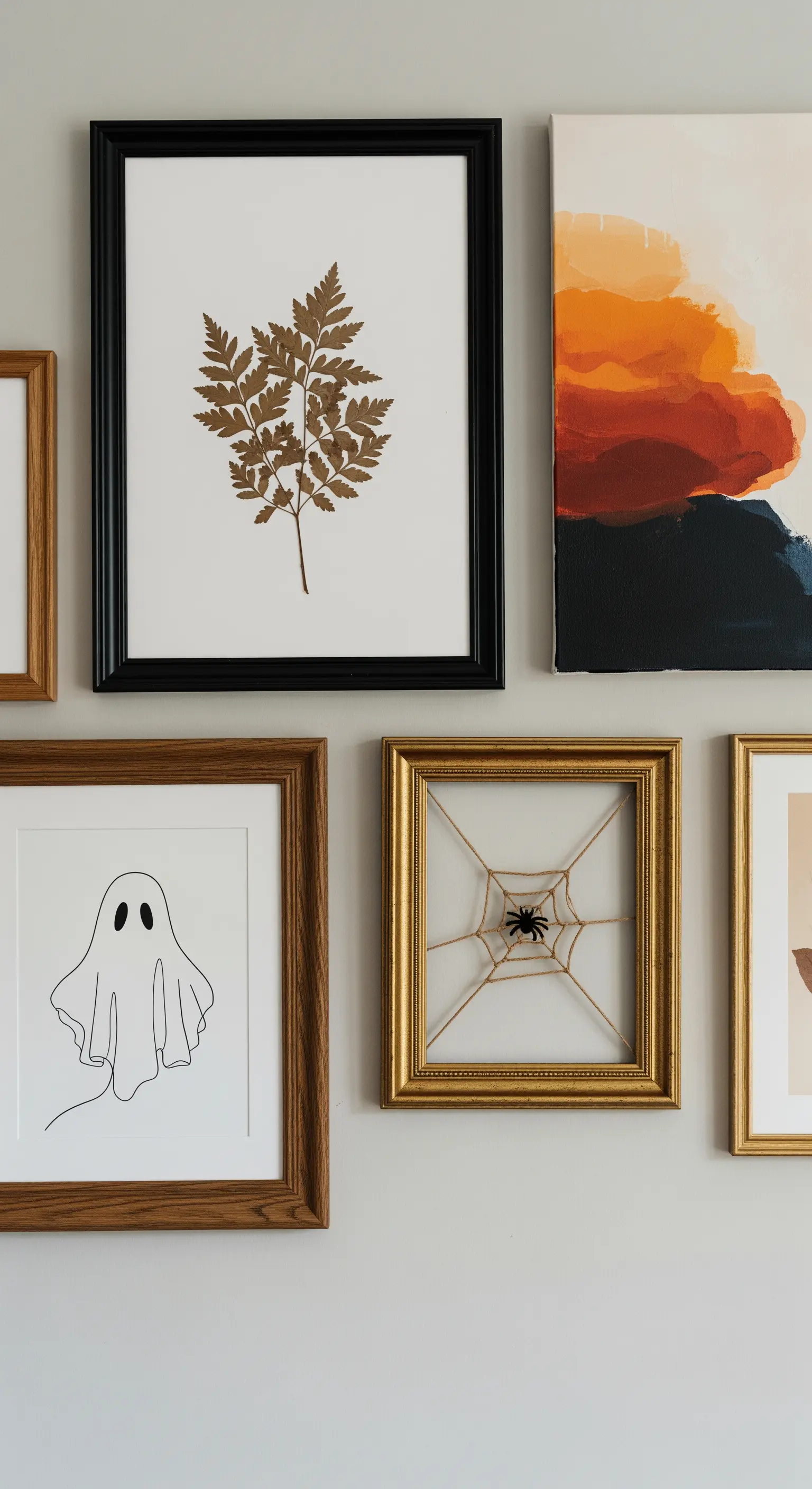 Galerie-Wand mit Halloween-Motiven, darunter ein Spinnennetz im Goldrahmen.