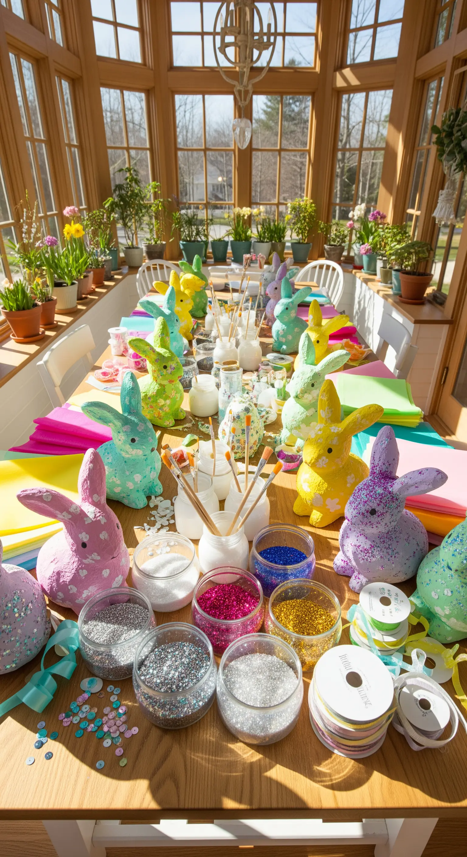 Bunte Pappmaché-Hasen und Bastelmaterialien auf einem Holztisch