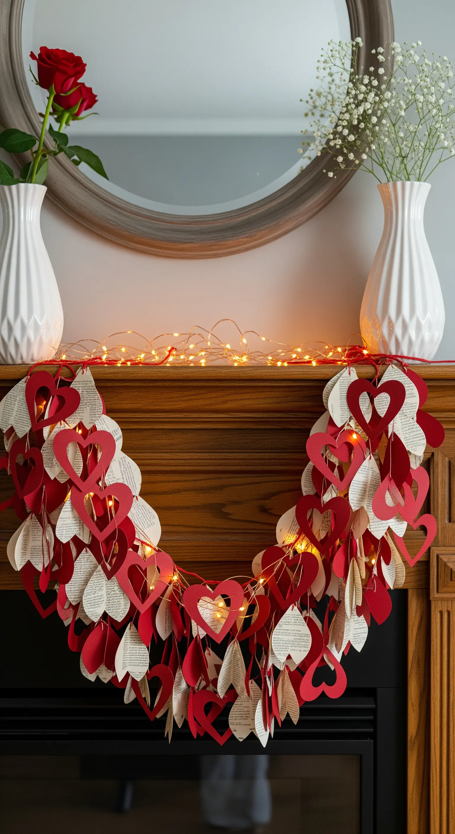 Kaminsims mit DIY Herz-Girlande aus Papier und Lichterkette, flankiert von Blumenvasen.