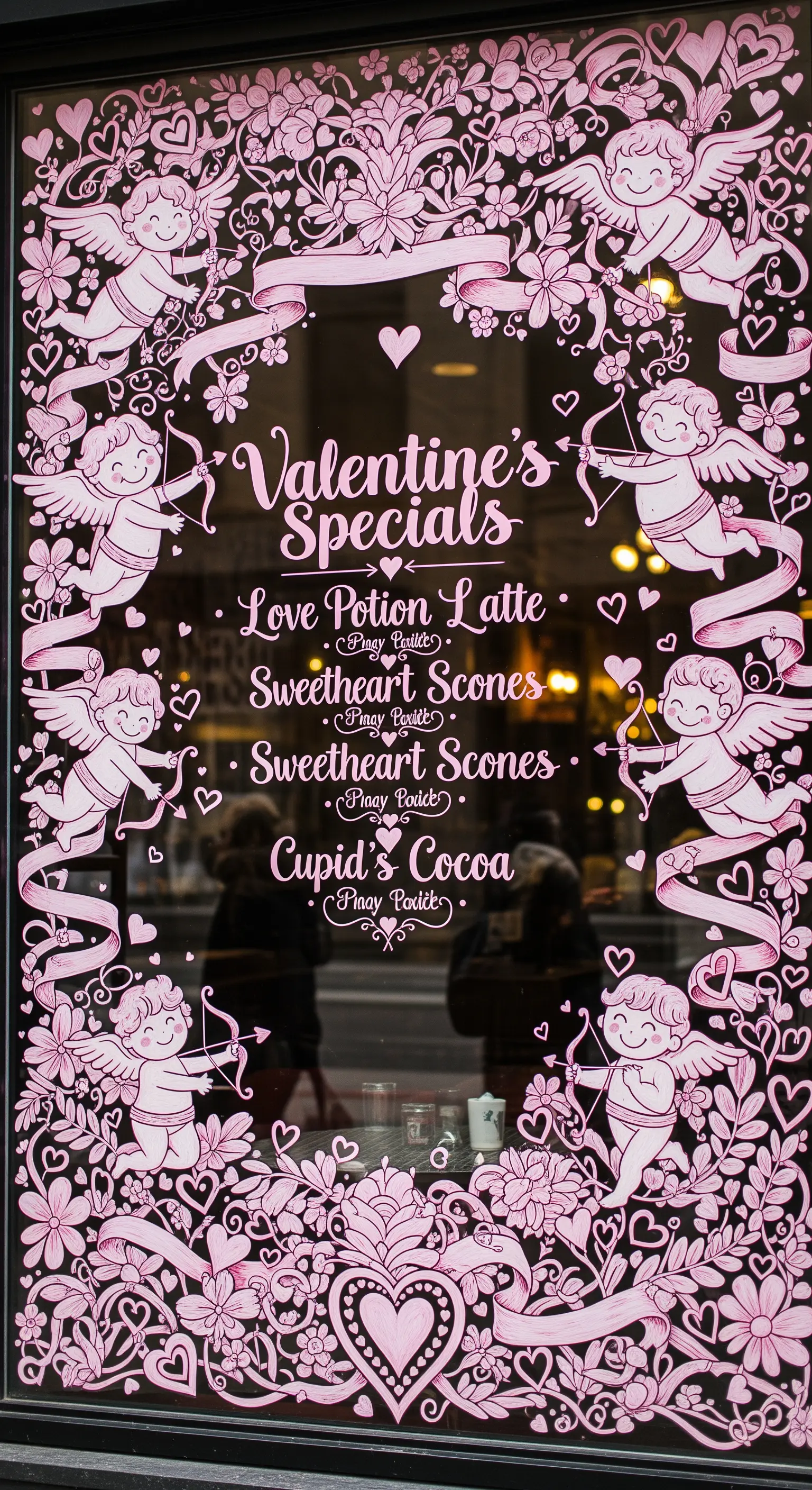 Aufwendige pinke Fensterbemalung mit Amoretten und Schriftzügen für Valentinstag-Specials.