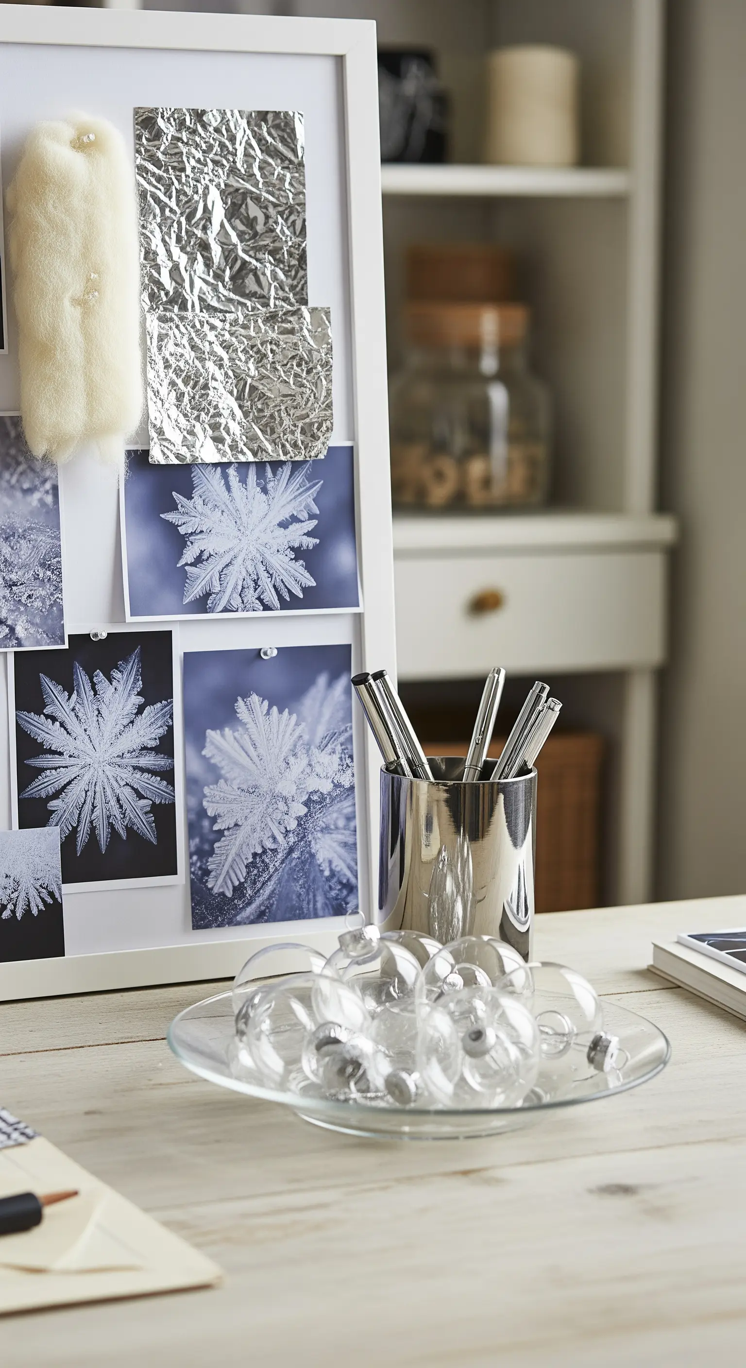 Mood-Board mit Schneekristallfotos, Fell, Alufolie, Stiftehalter und Glaskugeln.