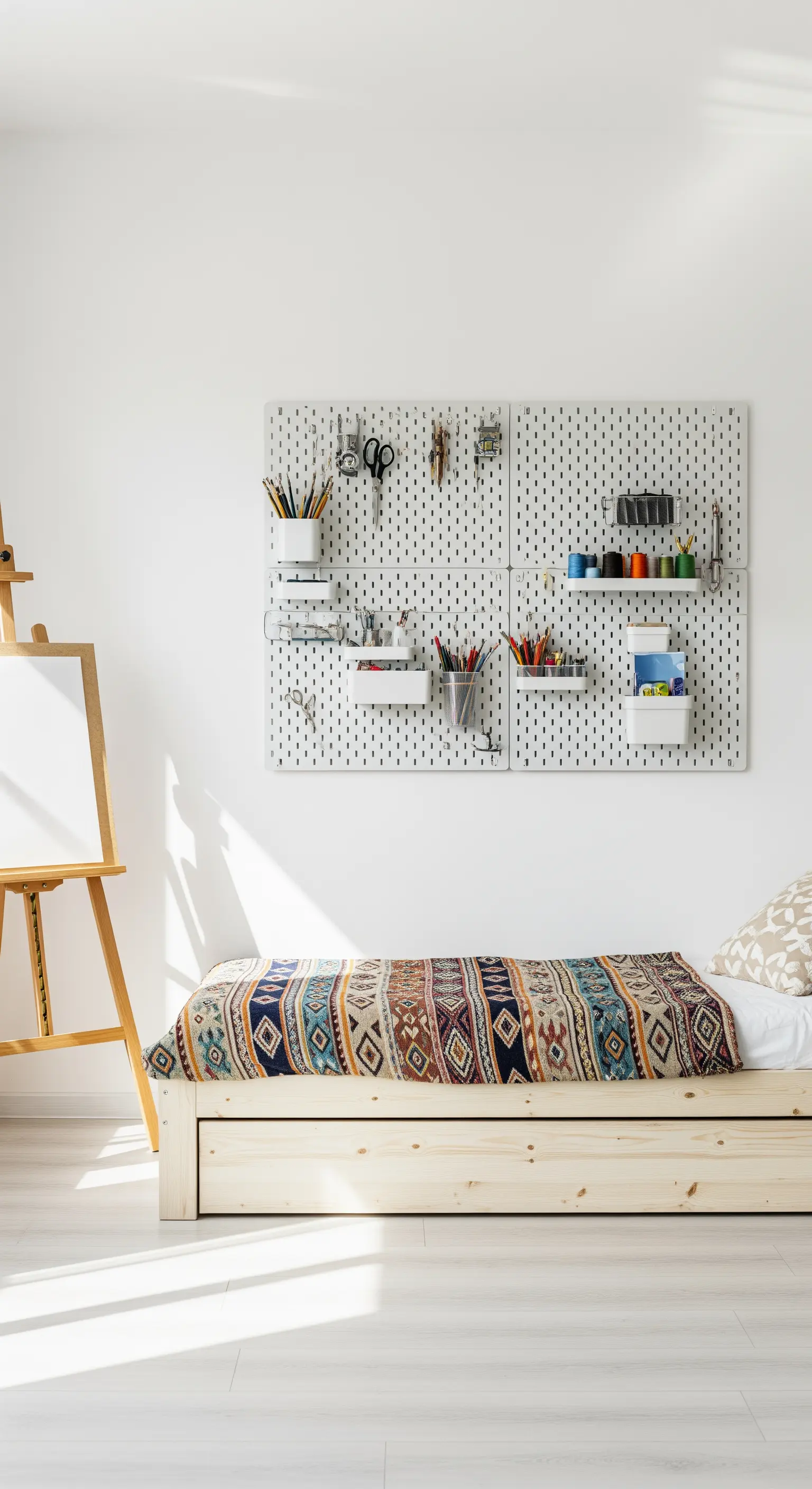 Weißes Steckbrett über einem Bett, das als kreativer Organizer dient.