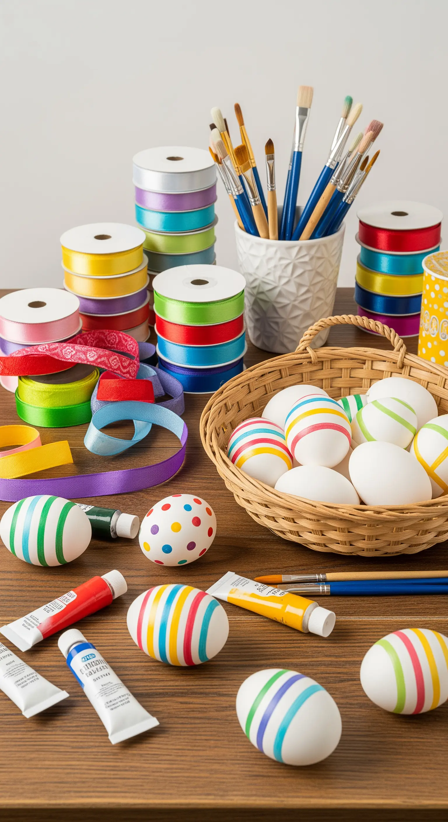 Tisch mit weißen Eiern, Malfarben, Pinseln und bunten Bändern zum Eierbemalen.