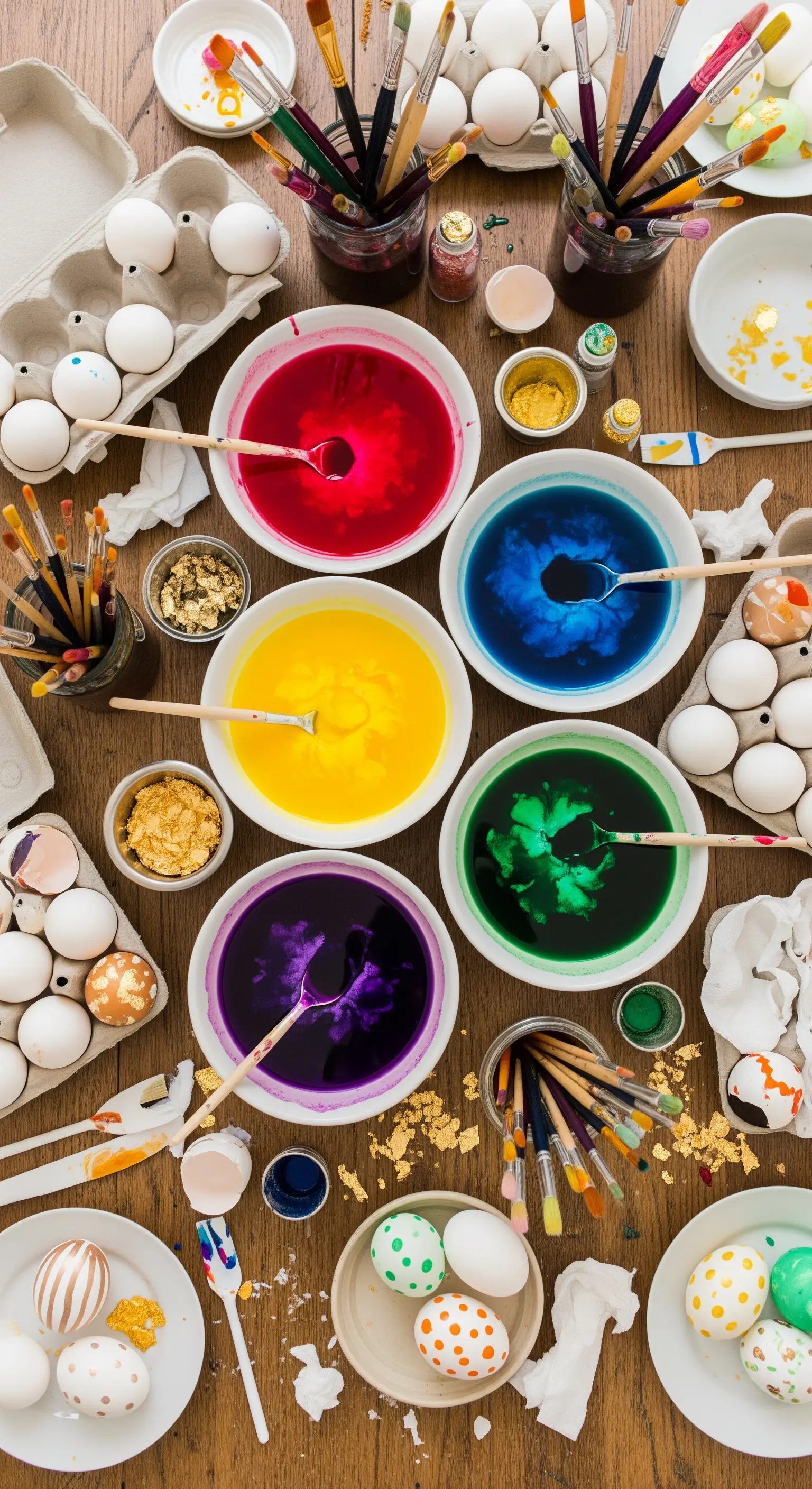 Tisch mit Schalen voller bunter Eierfarben, Pinseln, Eiern und Glitzer für Ostereier-Dekoration.