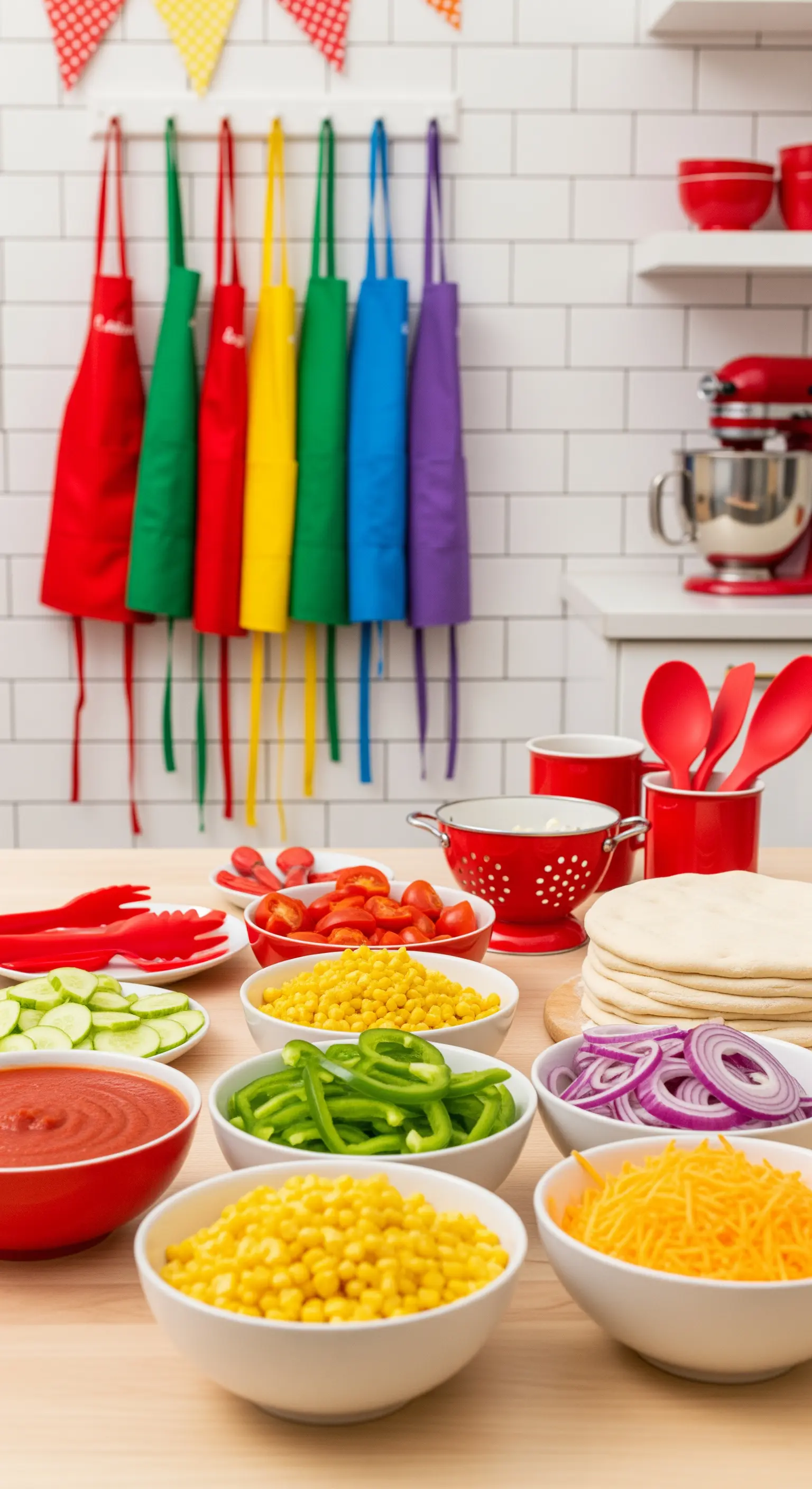 Pizza-Dekorationsstation mit bunten Schürzen und Zutaten für Kinder.