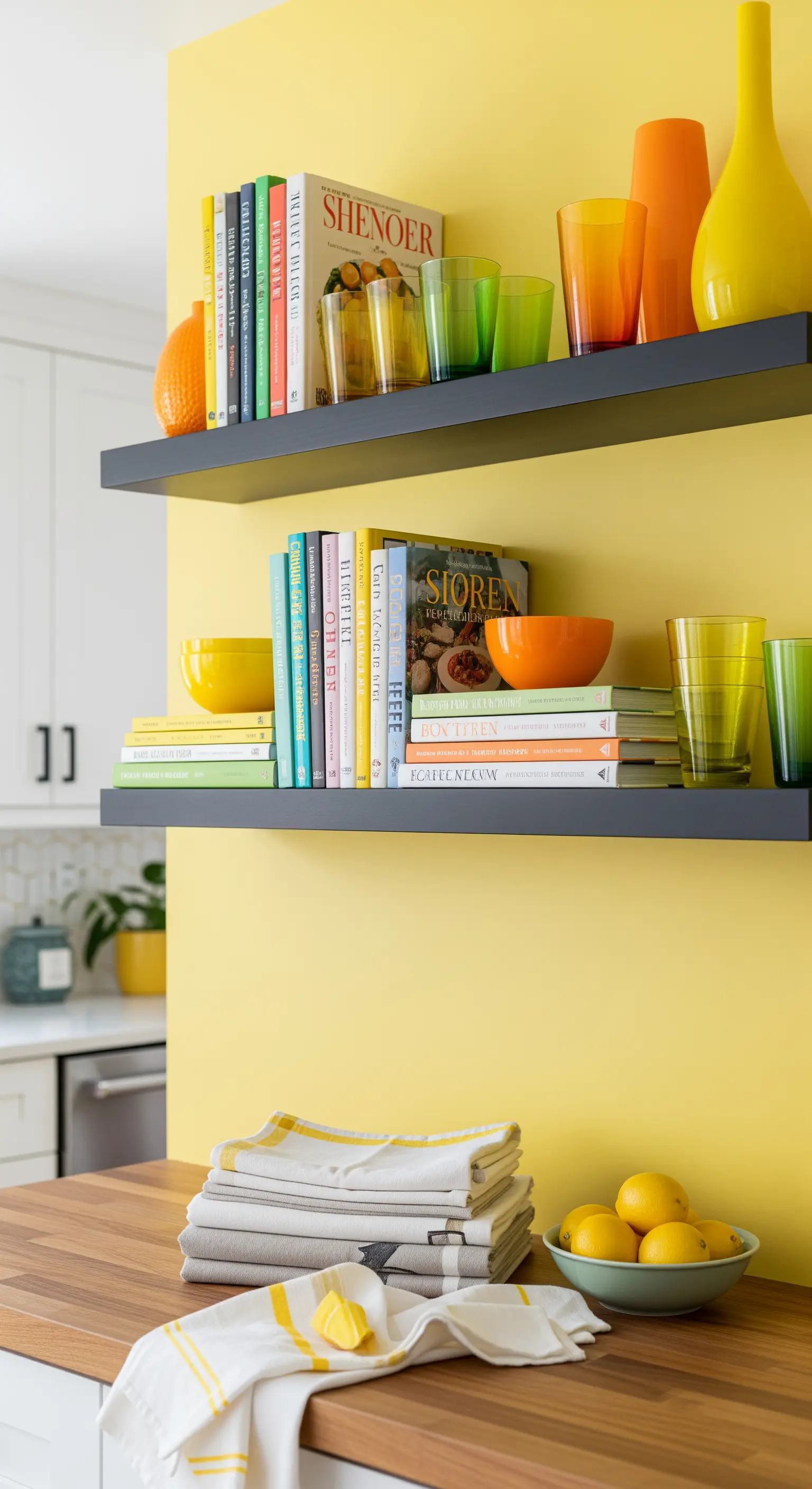 Offene Regale auf gelber Wand mit farbcodierten Büchern und Zitronen-Deko.