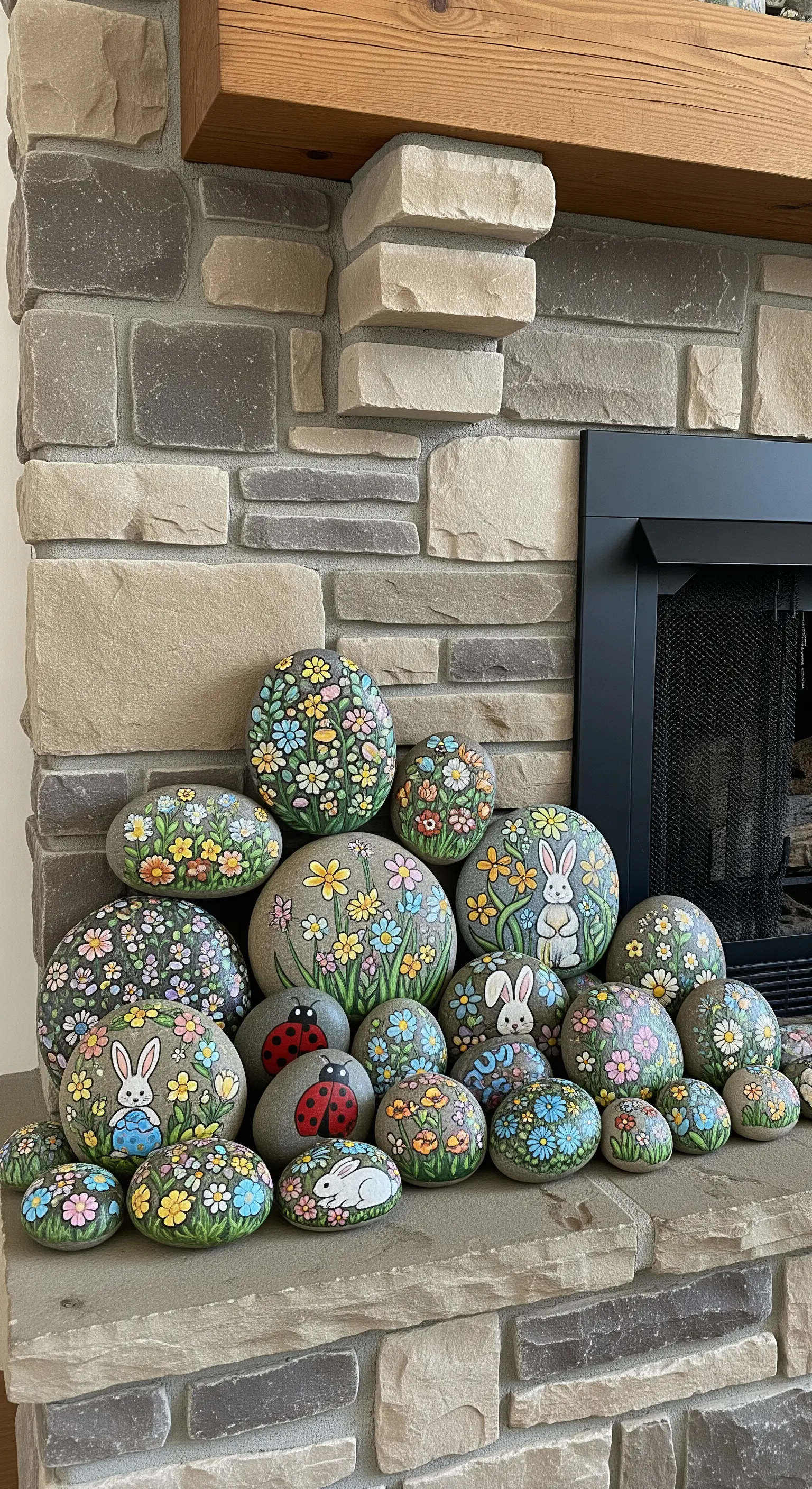 Eine Sammlung von handbemalten Steinen mit Blumen- und Hasenmotiven.