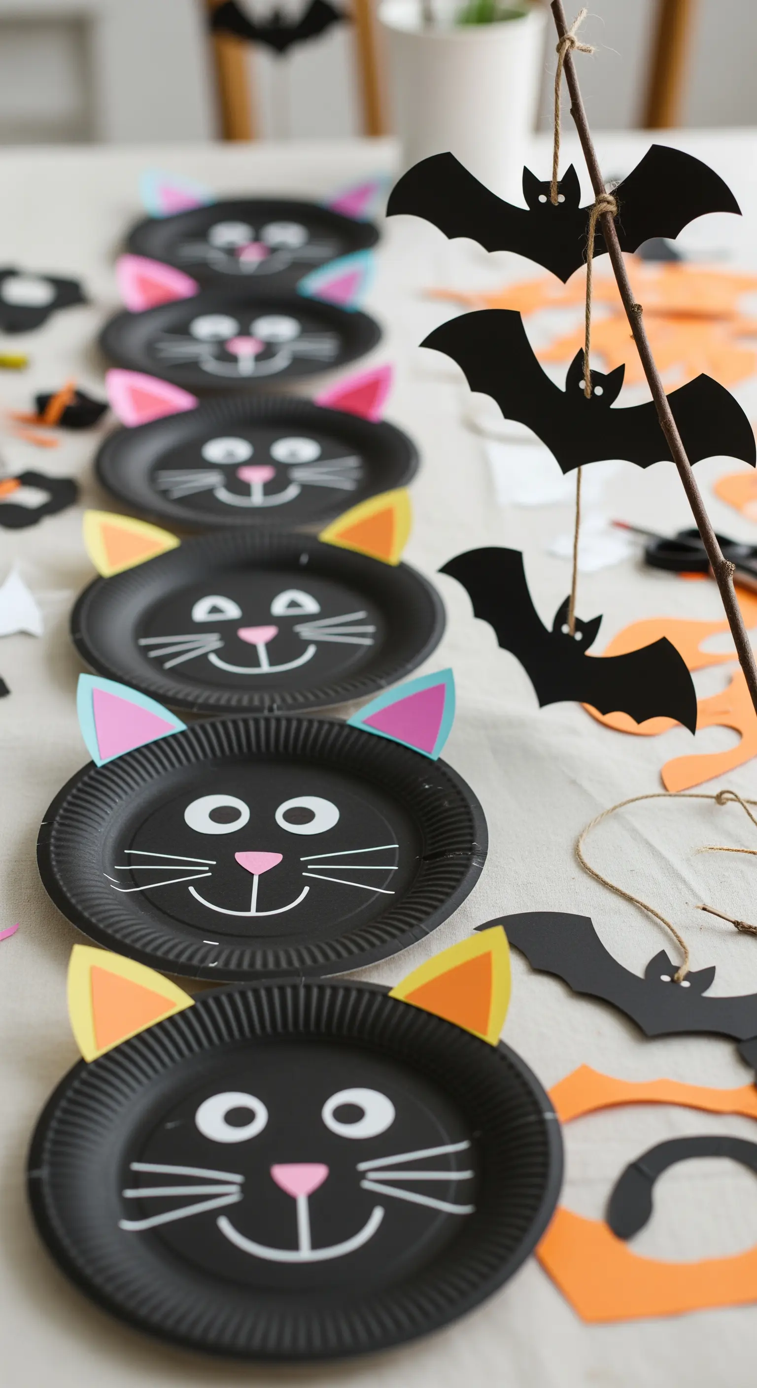 Ein Tisch, gedeckt mit selbstgebastelten schwarzen Papptellern in Form von Katzenköpfen für eine Kinderparty.
