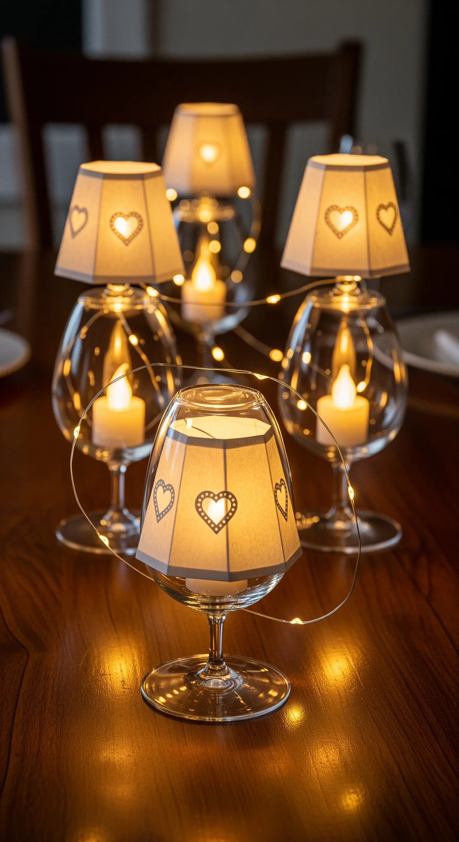 Weingläser, die mit LED-Kerzen und Papierschirmen zu kleinen Tischlampen umfunktioniert wurden.