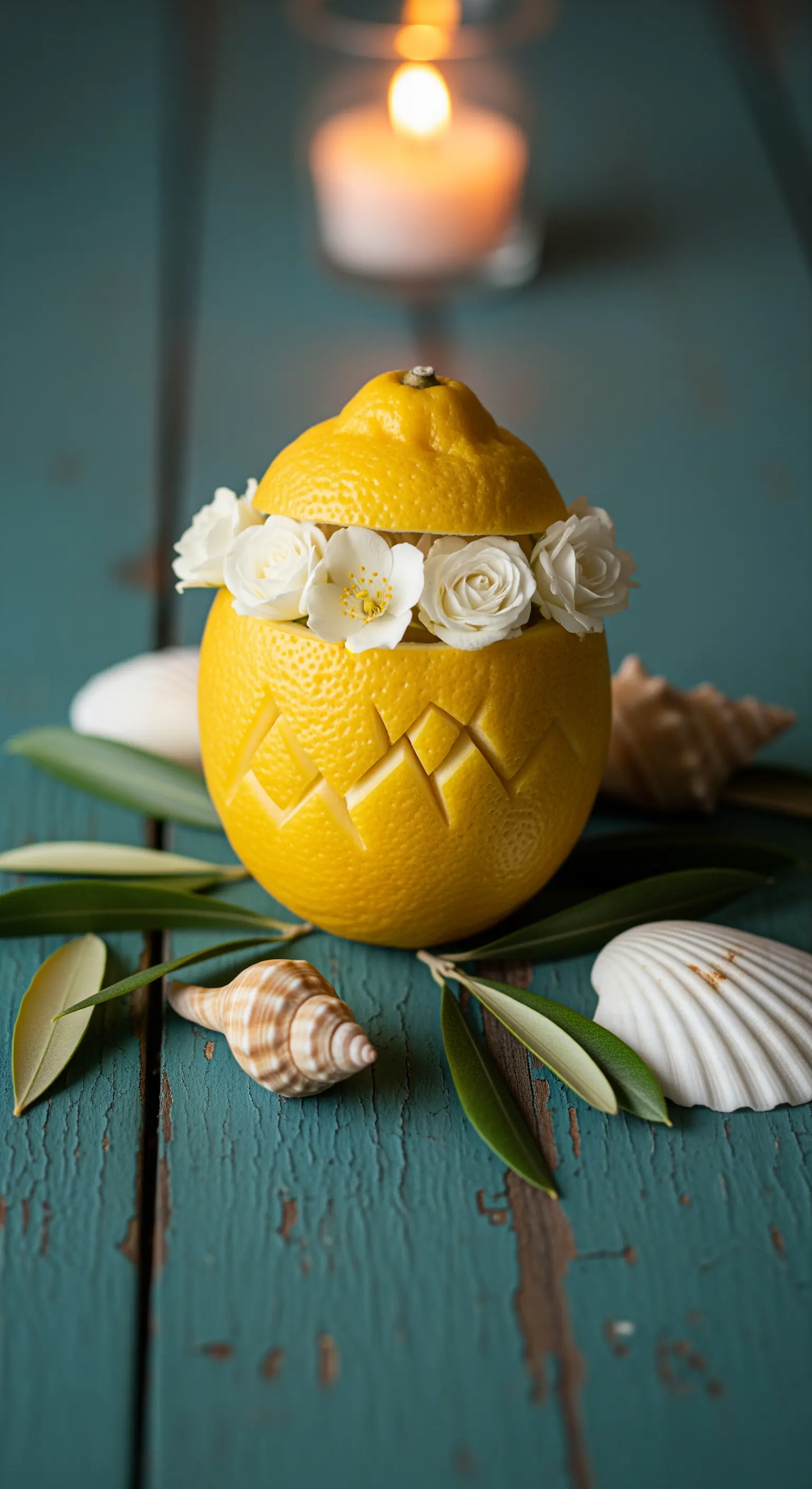 DIY Zitronen-Kerzenhalter mit kleinen weißen Blüten und Muscheln