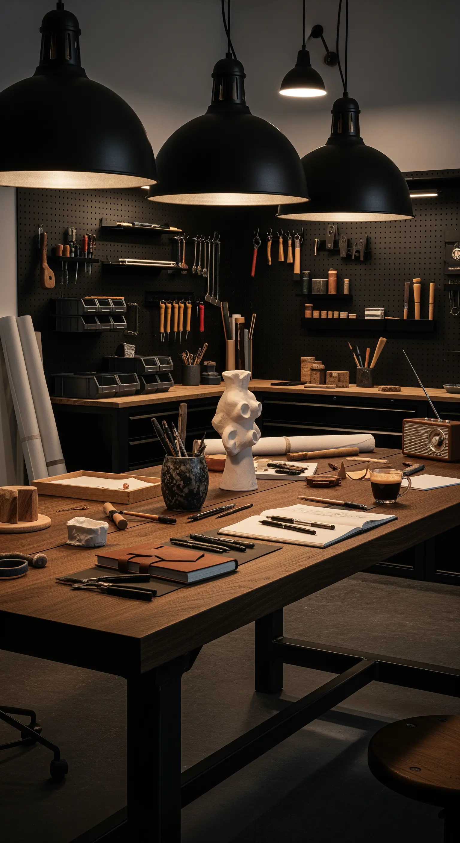 Kreativer Arbeitsbereich mit dunkler Lochwand, Holztisch und industriellen Pendelleuchten