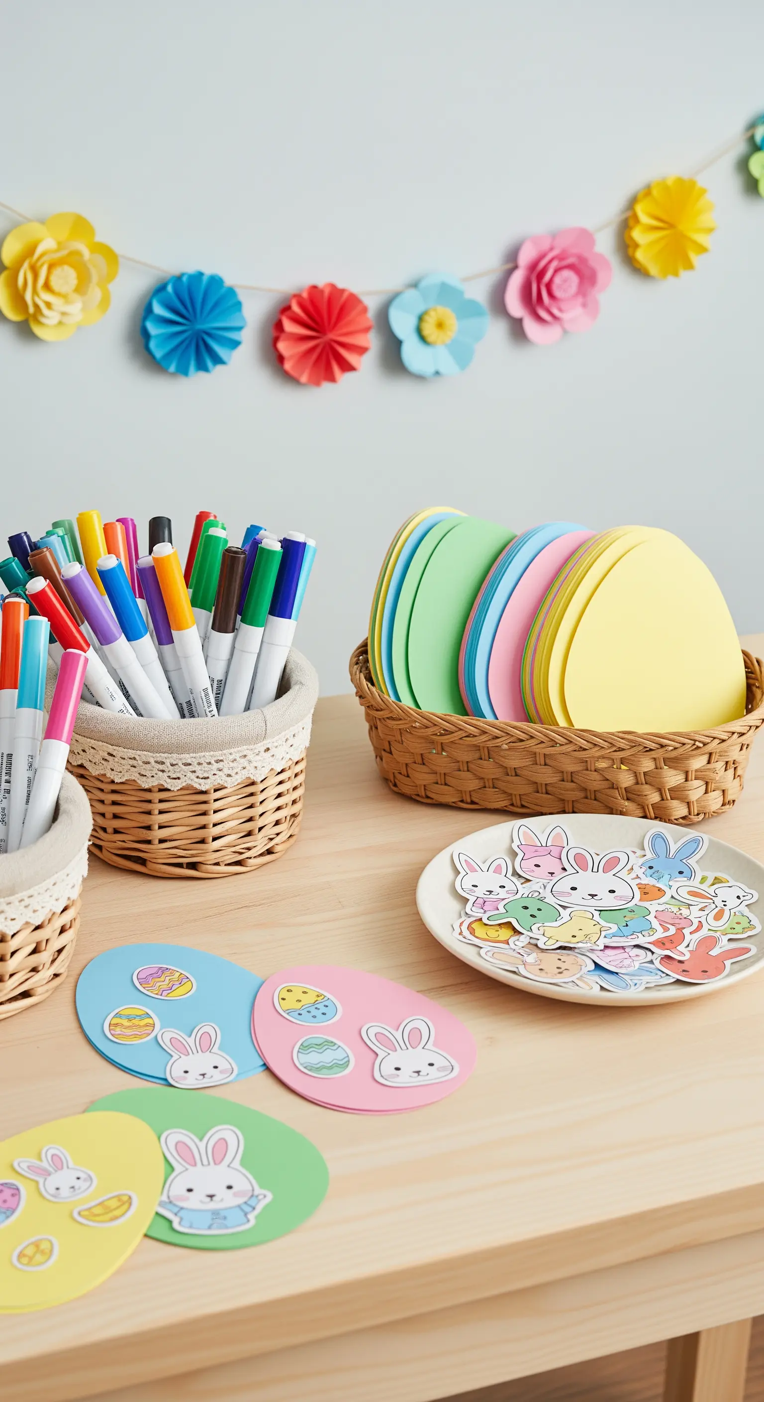 Basteltisch mit bunten Papier-Osterformen, Markern und Blumengirlande.