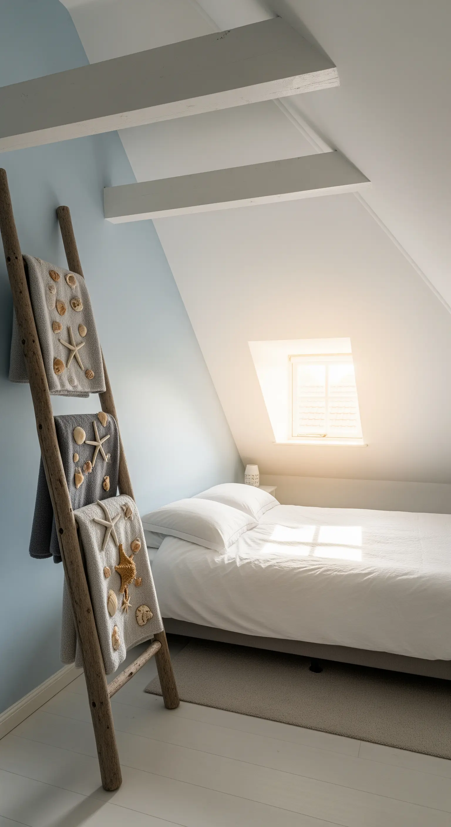 Leiter-Handtuchhalter mit Muschel- und Seestern-Deko im Dachgeschoss-Schlafzimmer