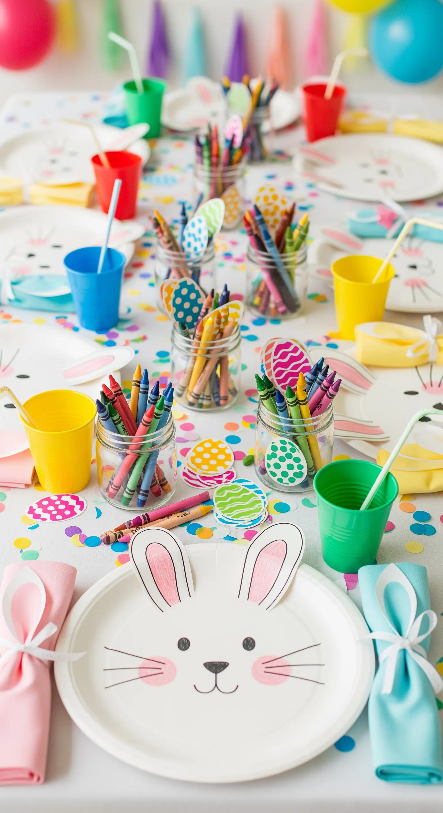 Oster-Kindertisch mit Malutensilien, Hasentellern und Konfetti