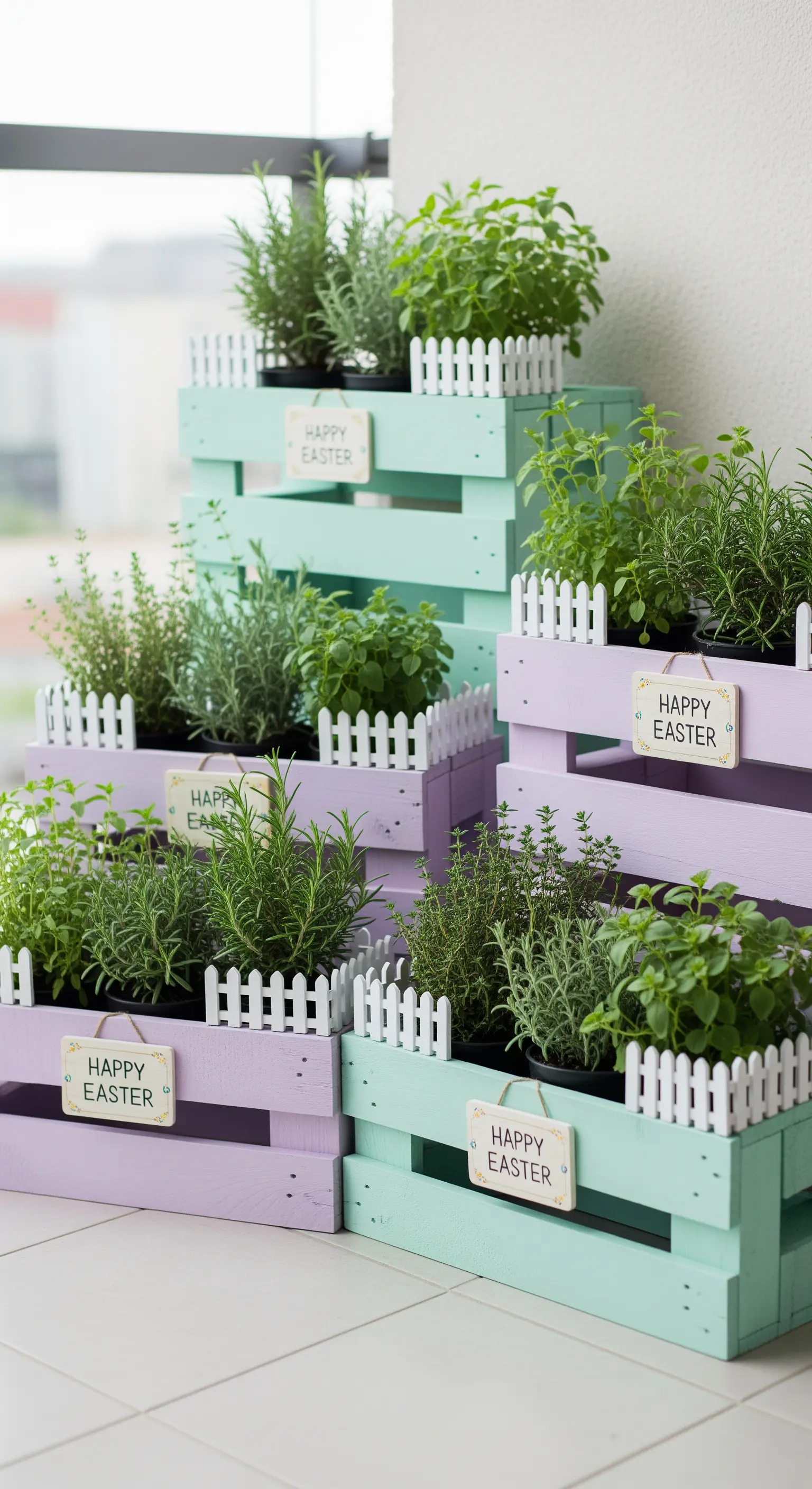 Gestapelte, pastellfarbene Holzkisten mit Kräutern und 'Happy Easter' Schildern