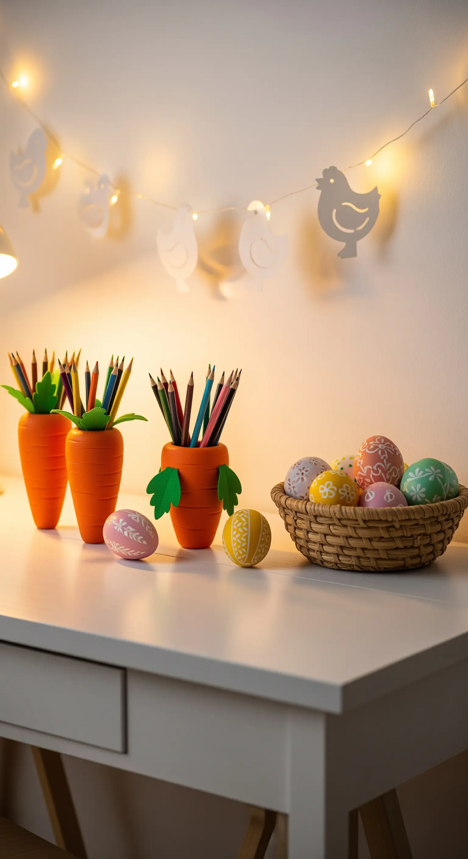 Osterdeko auf Schreibtisch: Karotten-Stiftehalter, Eier, Lichterkette.