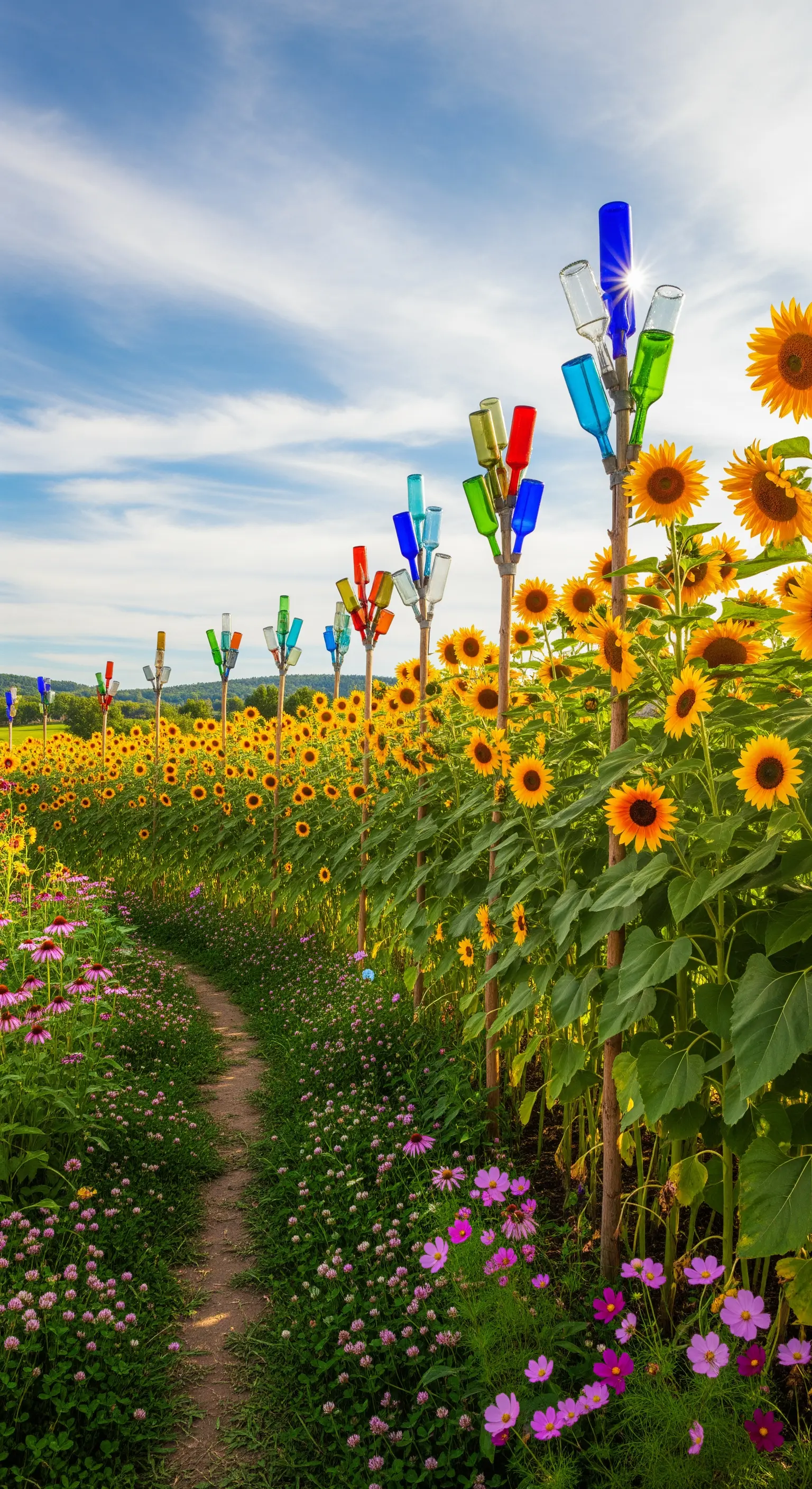 Sonnenblumenfeld mit bunten Flaschenbaum-Skulpturen und einem Gartenpfad