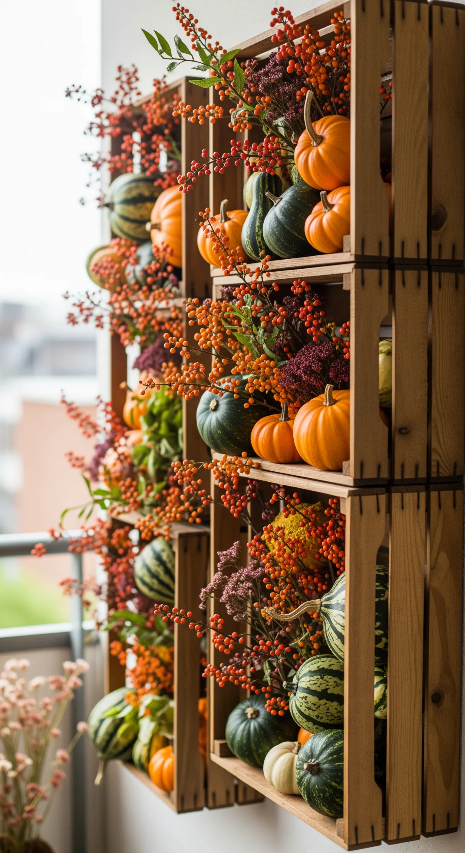 Vertikaler Wandgarten aus Holzkisten mit Kürbissen, Beeren, Laub