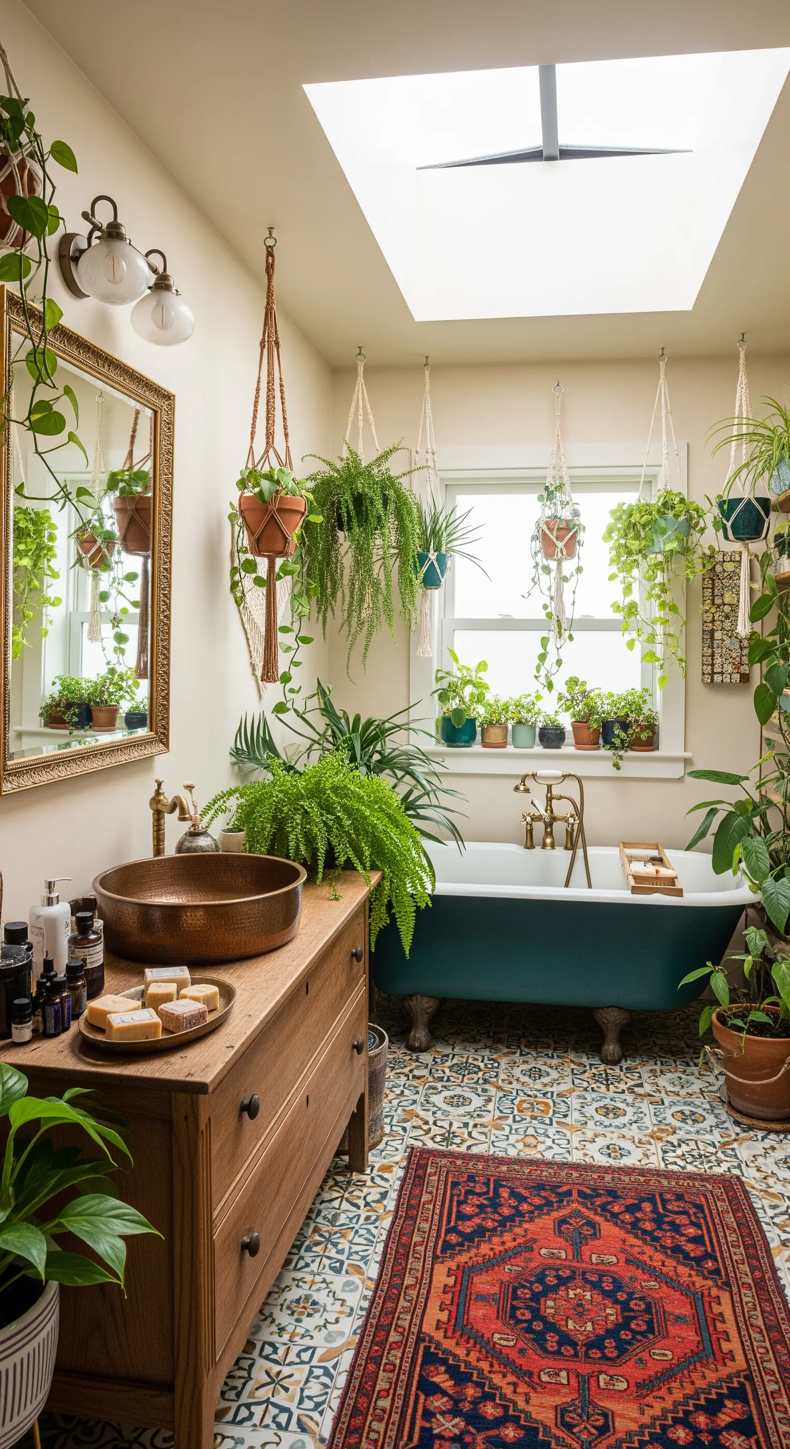Boho-Badezimmer voller Pflanzen, mit einem Vintage-Waschtisch und bunten Fliesen.