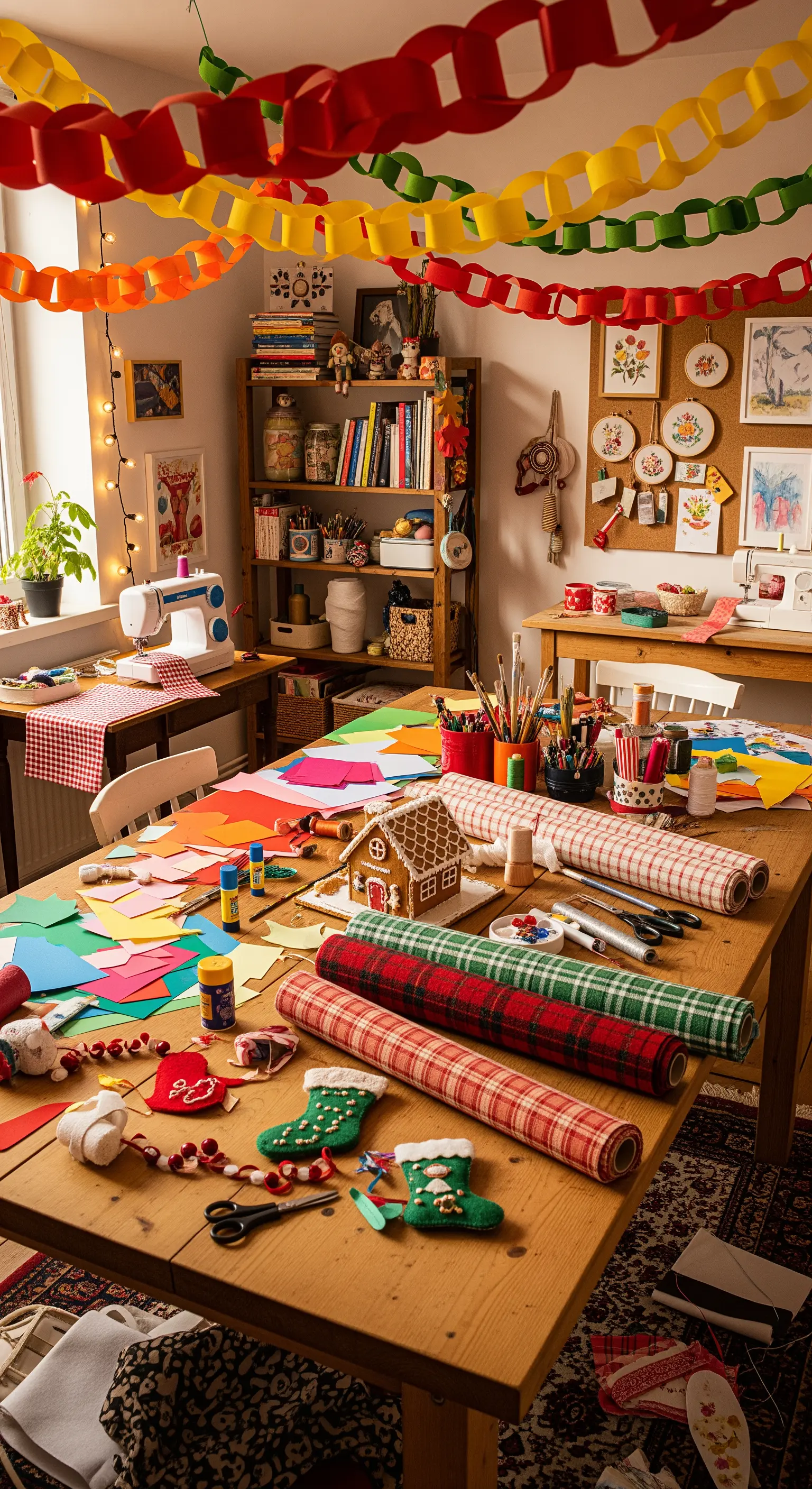 Basteltisch mit Papierketten, Stoffrollen und DIY-Materialien für Weihnachten
