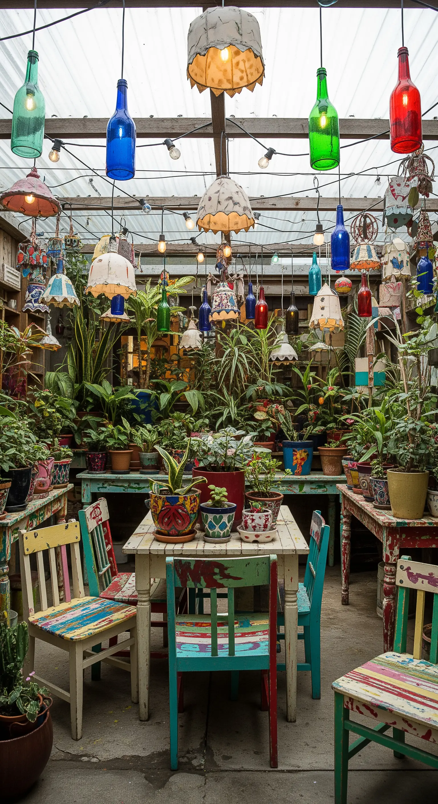 Ein kreativer, bunter Raum voller Pflanzen und selbstgemachter Lampen aus Flaschen und alten Schirmen.