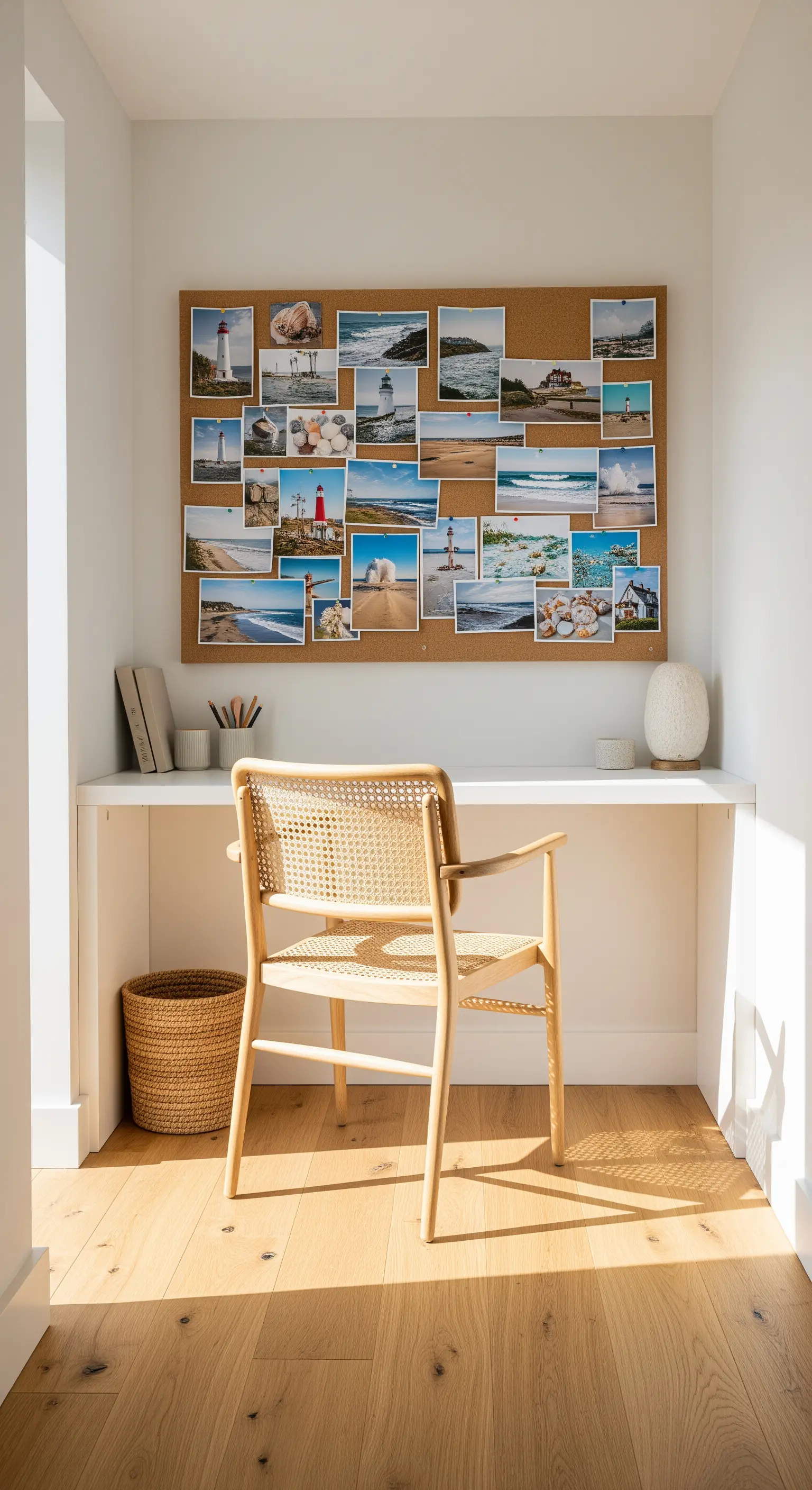 Kleines Homeoffice mit Korkwand voller Strandbilder, Cane Chair und geflochtenem Korb.