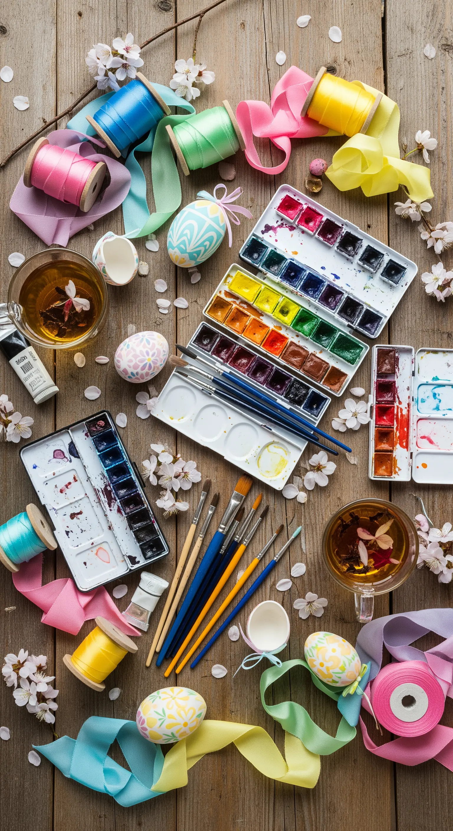Bastel-Setup für Ostern mit Farben, Bändern und Eiern