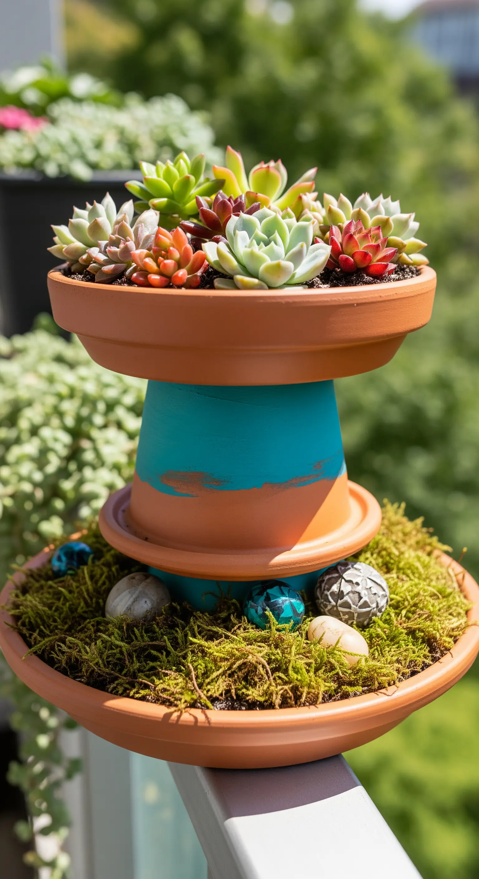 DIY-Etagere aus Terrakotta-Töpfen, bemalt in Türkis, mit Sukkulenten und Moos.