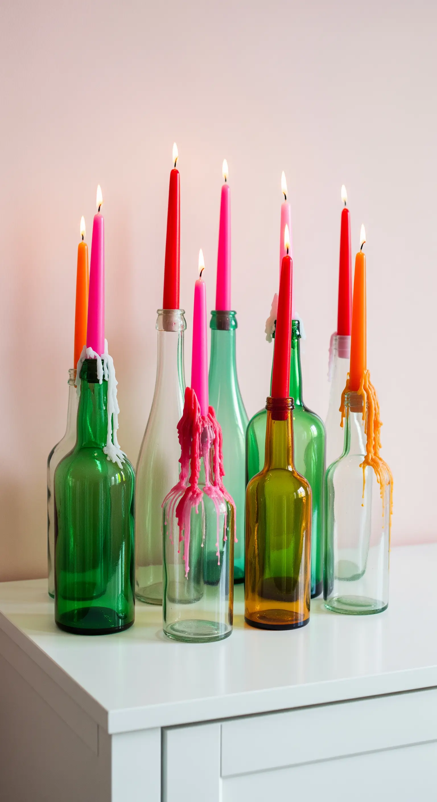 Upcycling: Bunte Glasflaschen als Kerzenhalter mit tropfendem Wachs