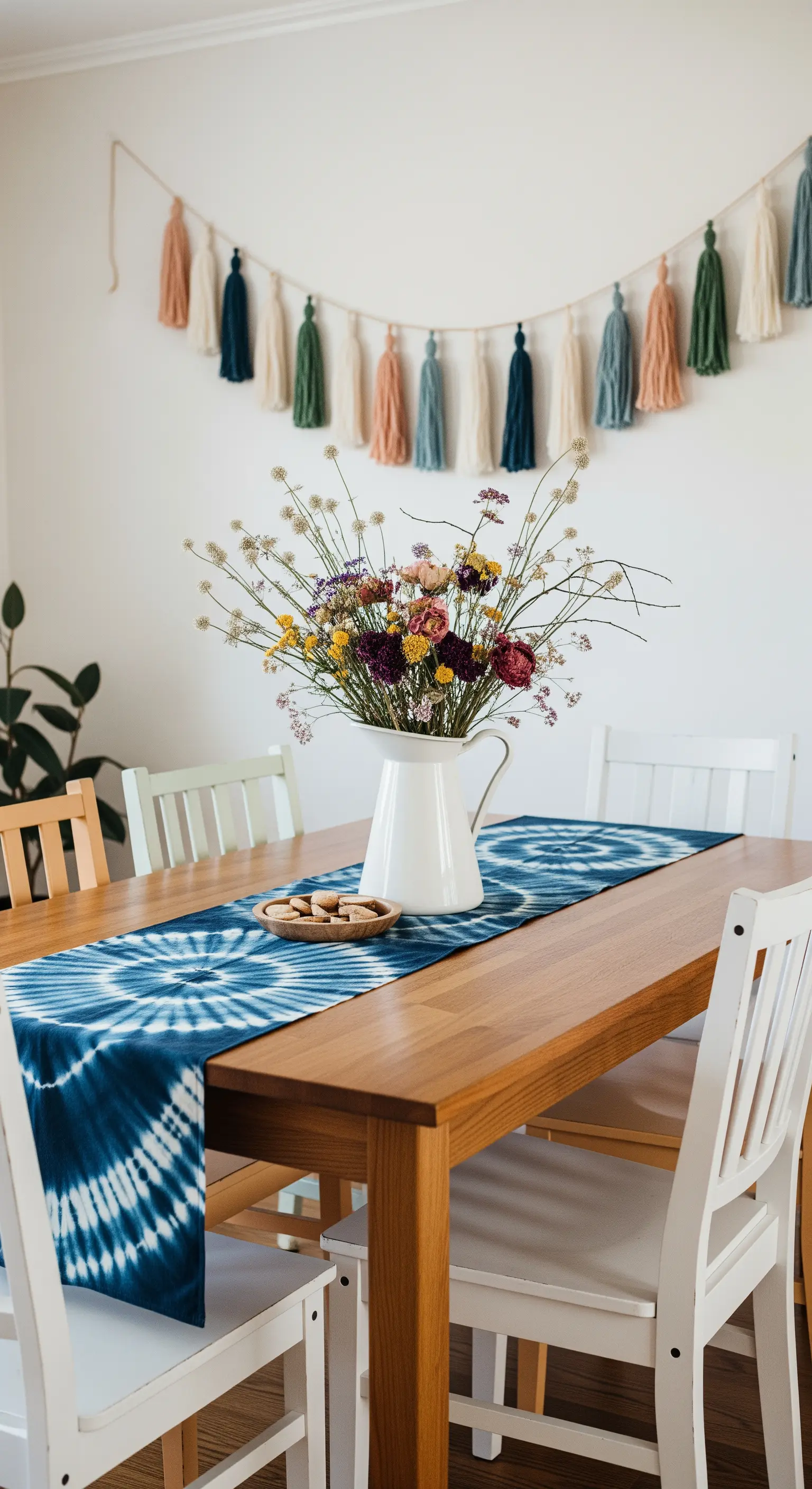 Esstisch mit blauem Shibori-Tischläufer und einer bunten Quasten-Girlande an der Wand.
