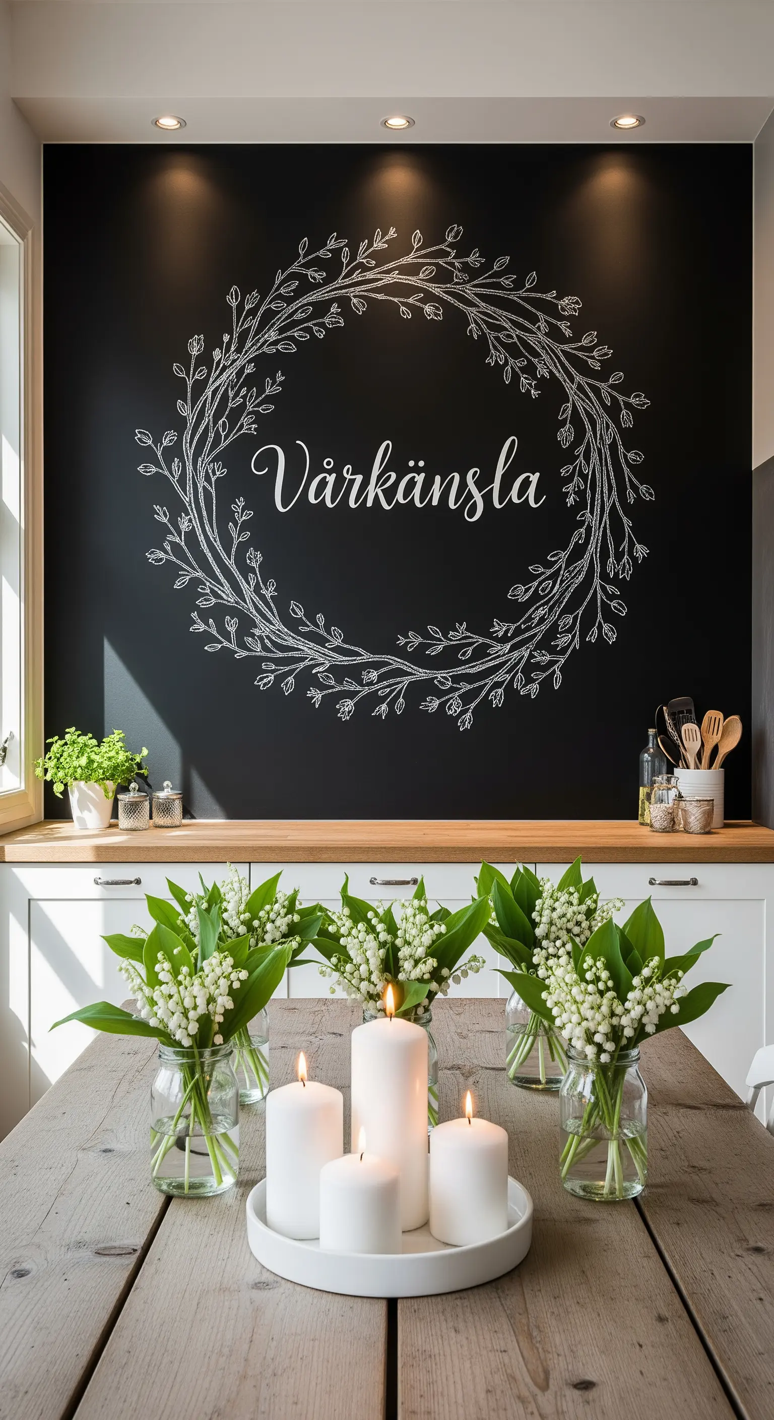 Kreidebild 'Vårkänsla' an Wand, Kerzen und Maiglöckchen auf Holztisch